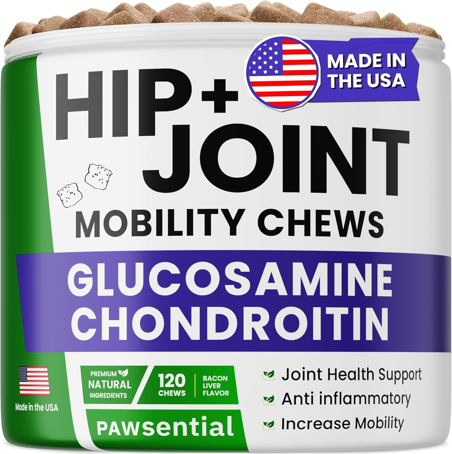 Glucosamine Chondroitin for Dogs – Joint Supplement w/Omega-3 Fish Oil – MSM – Advanced Mobility Chews – Joint Pain Relief – Hip & Joint Care – 120Ct – Made in USA