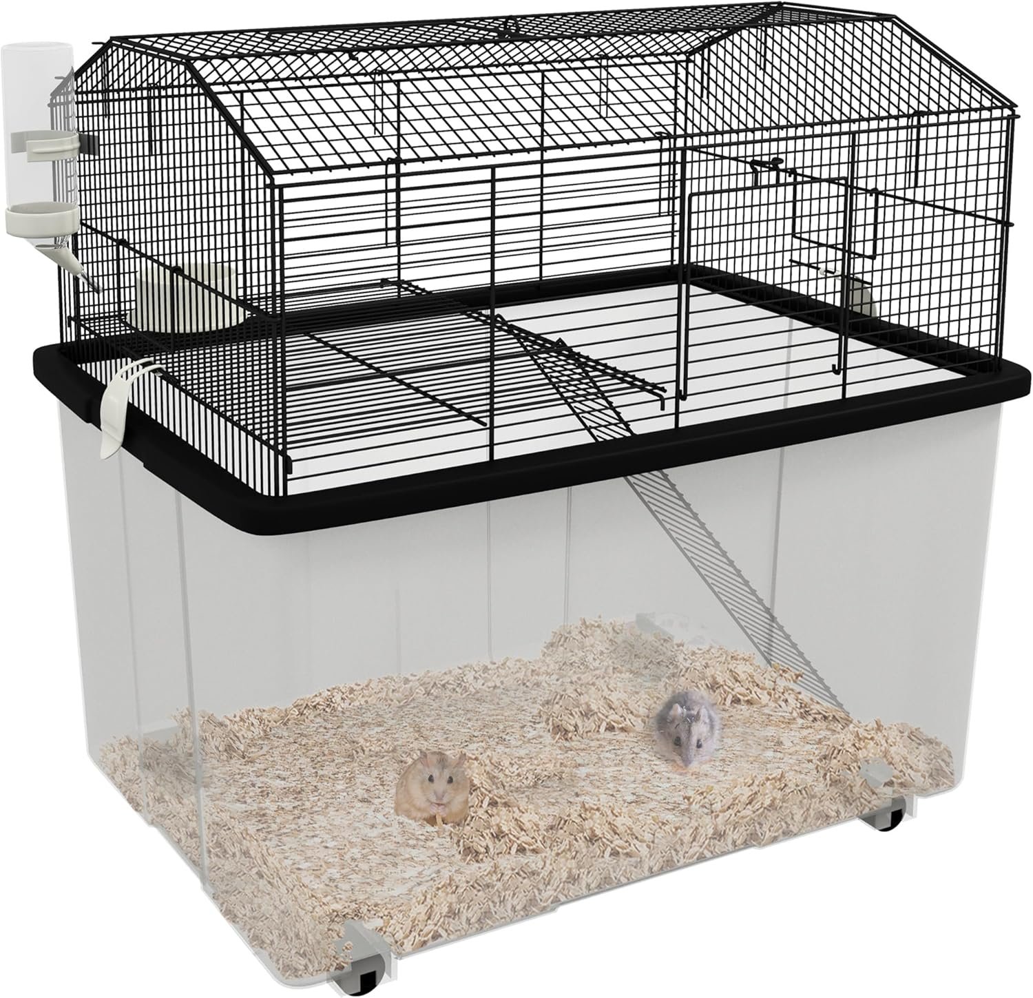 PawHut Hamster Cage, Gerbil Cage 2 Tier with Wheels, Deep Bottom, Ramp, Food Dish, Water Bottle, for Dwarf Hamster, 57 x 43 x 57cm – Black
