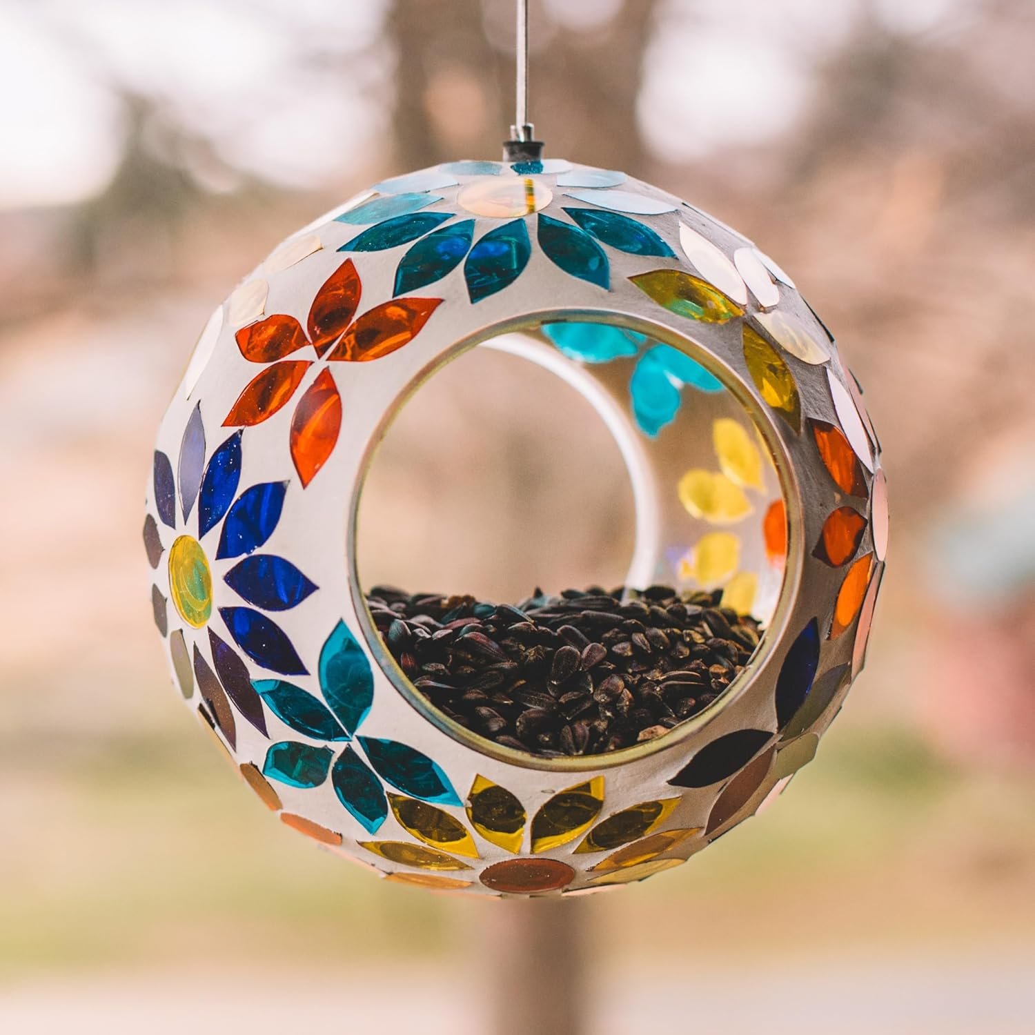 Backyard Expressions Hanging Glass Bird Feeder – Multicolor – Fly Through Bird Feeders for Outside, Mosaic Bird Feeder, Round Shape Wild Birdfeeder
