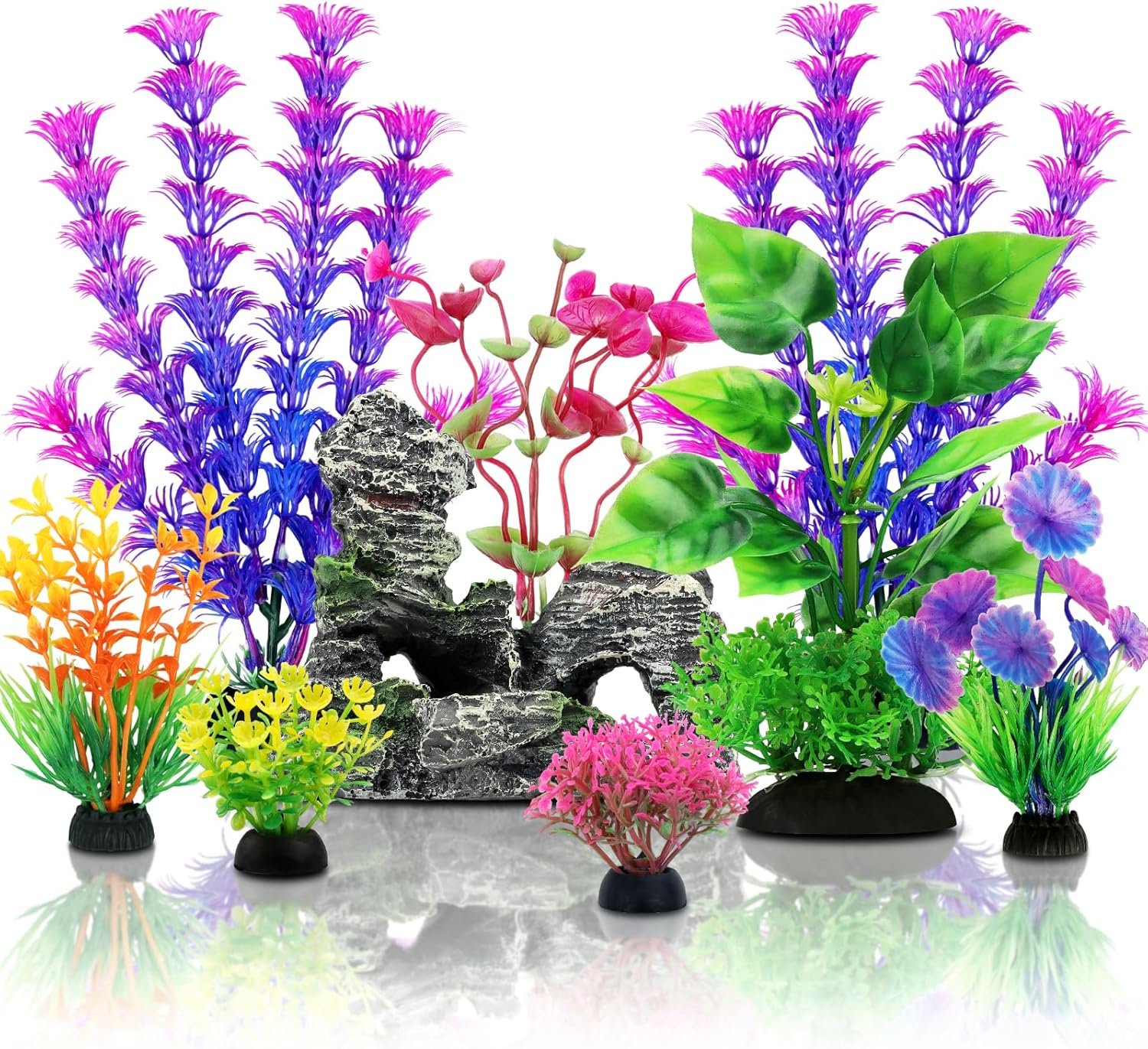 QUOZUO Fish Tank Accessories Aquarium Decorations Plants, 9pcs Colorful Fish Tank Artificial Plants and Cave Rock Decor Set, Aquarium Decor Plastic Plants