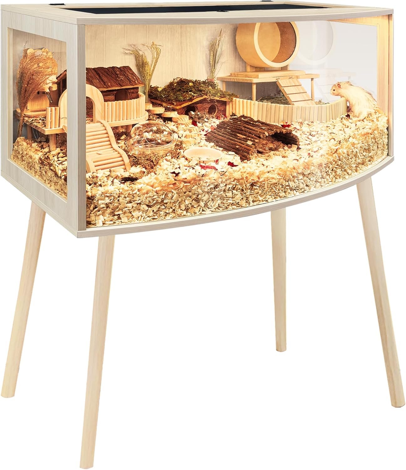 Prolee Hamster Cage with Curved Design,Chew Proof Wooden Hamsters Enclosure with Leg Stand and Openable Top or Gerbils,Hamster Habitat (32″x16″x16″)