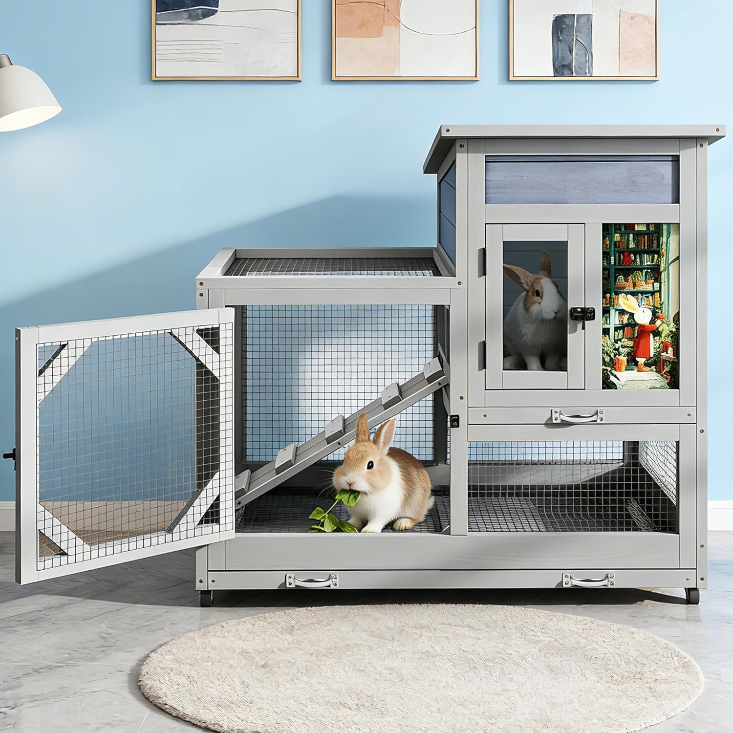 COZIWOW Rabbit Hutch Indoor Outdoor with No-Spill Design, 2 Wire Floors & Removable Trays, 2-Story Large Wooden Bunny Cage on Wheels, Chewproof Ramp for Multiple Small Animals, Gray