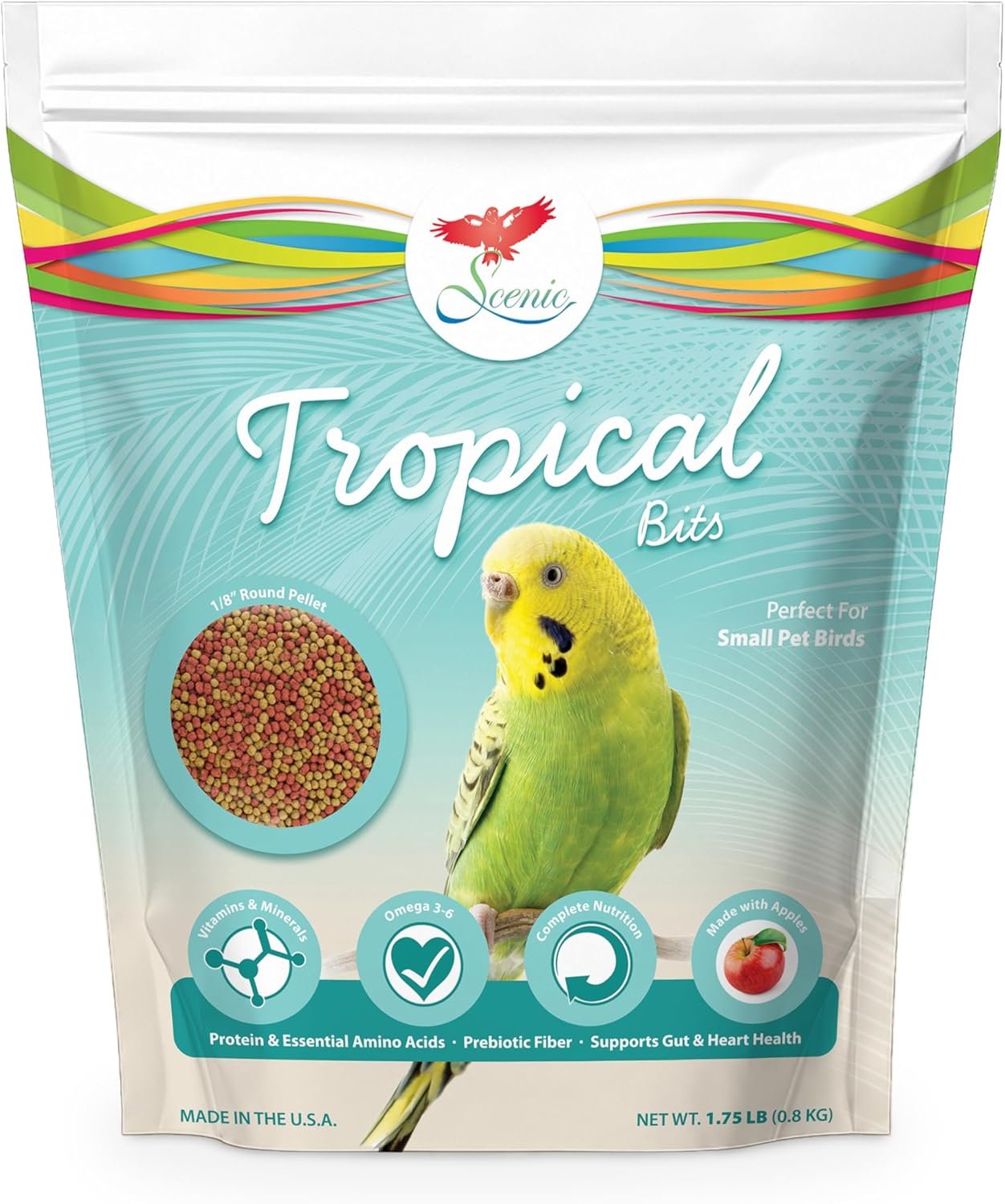 Scenic Tropical Bits Small Pet Bird Food – 1.75 lb Bag – 1/8″ Bird Pellets – Complete Nutrition for Cockatiels, Budgies, Lovebirds, Conures & Lories