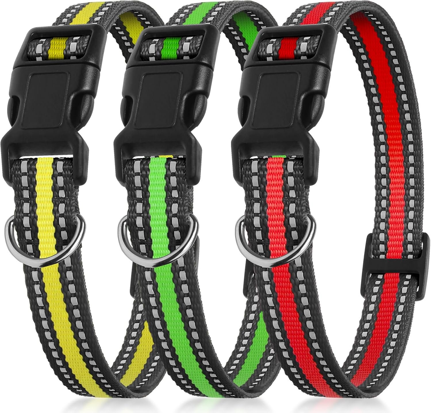 PetJoy 3-Pack Dog Collar – Quick-Release Buckle & D-Rings – Reflective Multi-Color (R/Y/G) – Adjustable 8-27″ for Most E-Collars – Durable Waterproof Nylon