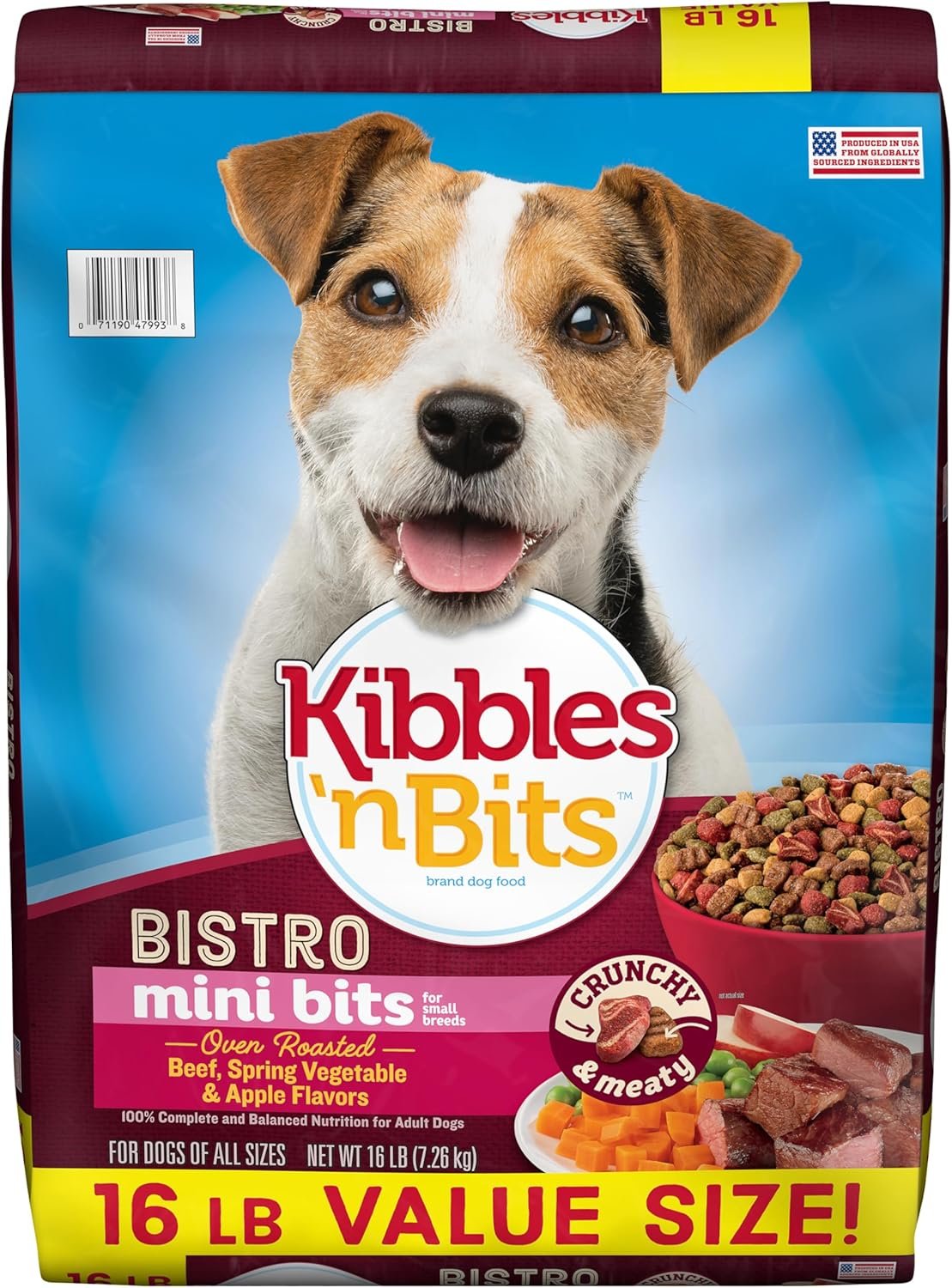 Kibbles ‘n Bits Bistro Mini Bits Small Breed Dry Dog Food, Oven Roasted Beef, Spring Vegetable & Apple Flavors for Adult Dogs, 16 lb. Bag