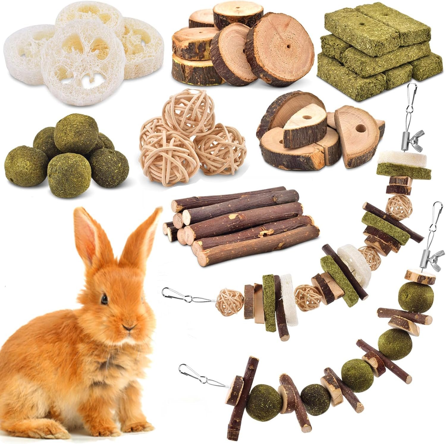 KATUMO Rabbit Chew Toys, 74 PCS DIY Hamster Chew Kit Bunny Teeth Care Molar Toys Ideal for Rabbit, Guinea Pig, Chinchilla, Hamster, Squirrel, Gerbils Etc Small Rodent Pets’ Teeth Grinding
