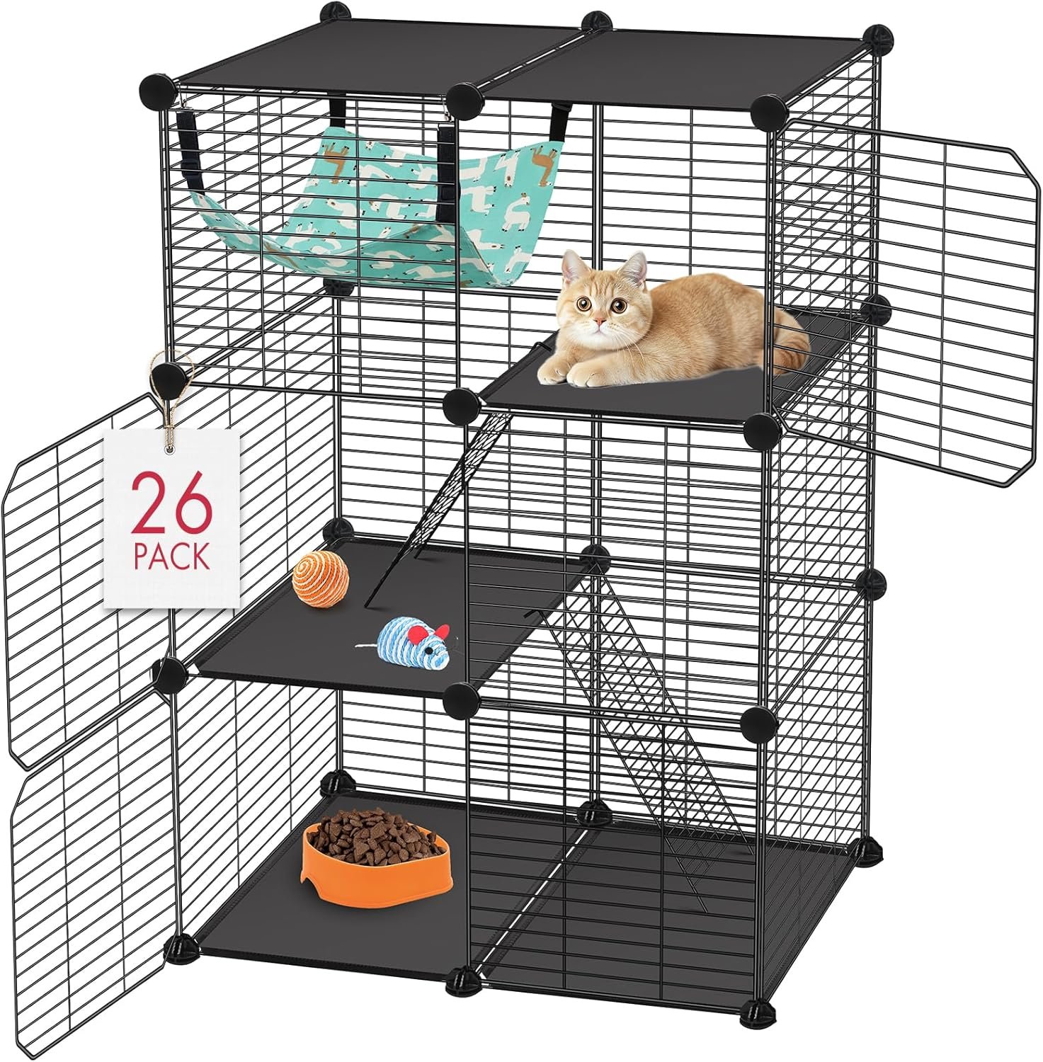 VISCOO Cat Cage, 3-Tier DIY Catio Cat Enclosures, 24″ x 16″ x 36″ Cat Playpen Indoor & Outdoor with Hammock, Detachable Metal Wire Kennel Cats Crate, 2x1x3 Exercise Place for 1-2 Kitten