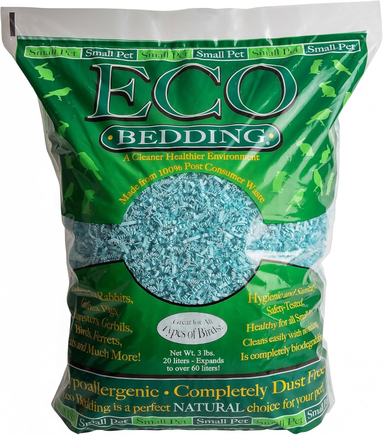 ECO BEDDING 99% Dust Free Paper Bedding for Small Pets and Birds, Blue, 3 lb (Expands to 60 L)