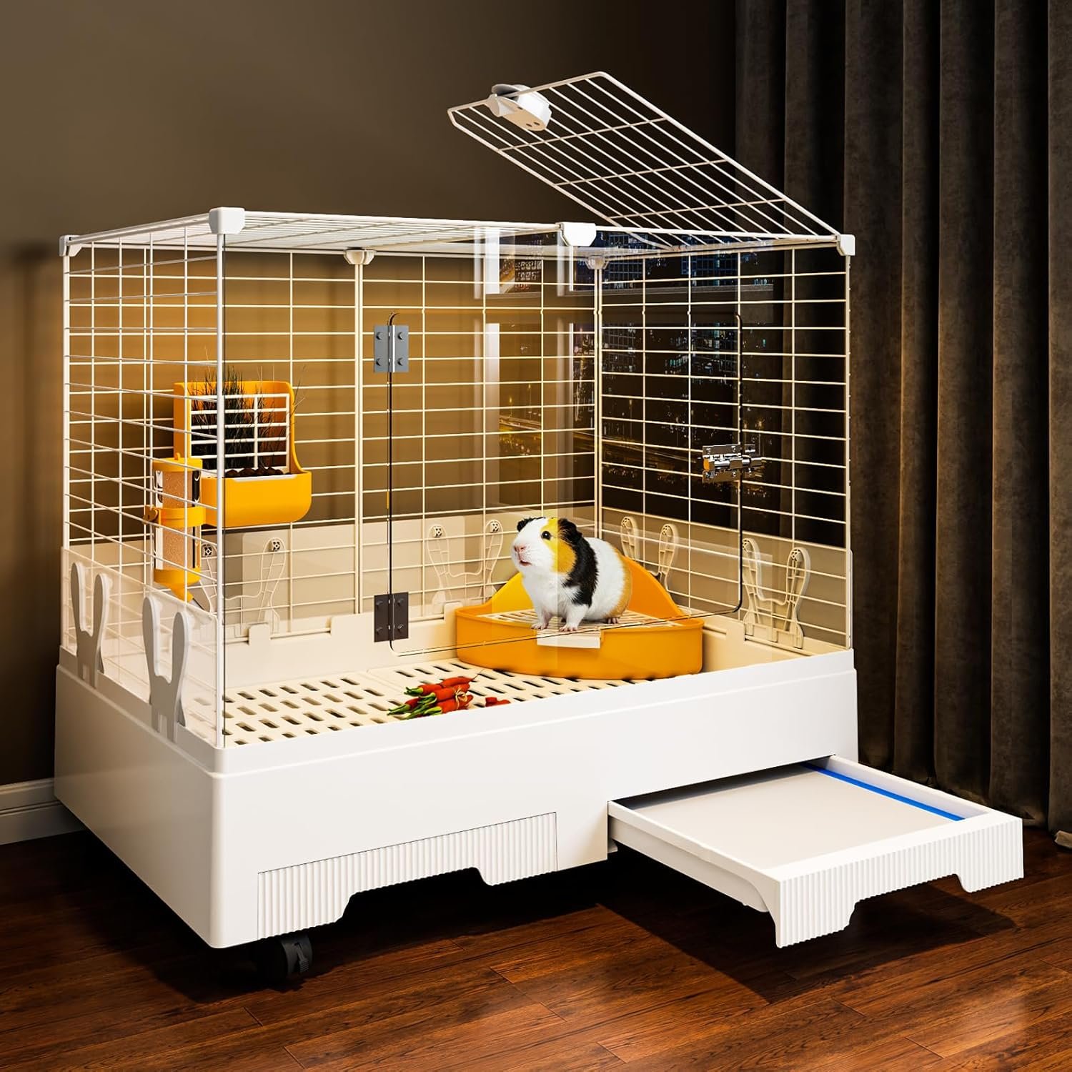 Oneluck Deluxe Rolling Bunny Hutch with Urine Guard,Small Rabbit Cage with Pull Out Tray,Clear Panel for Recording,Easy to Clean