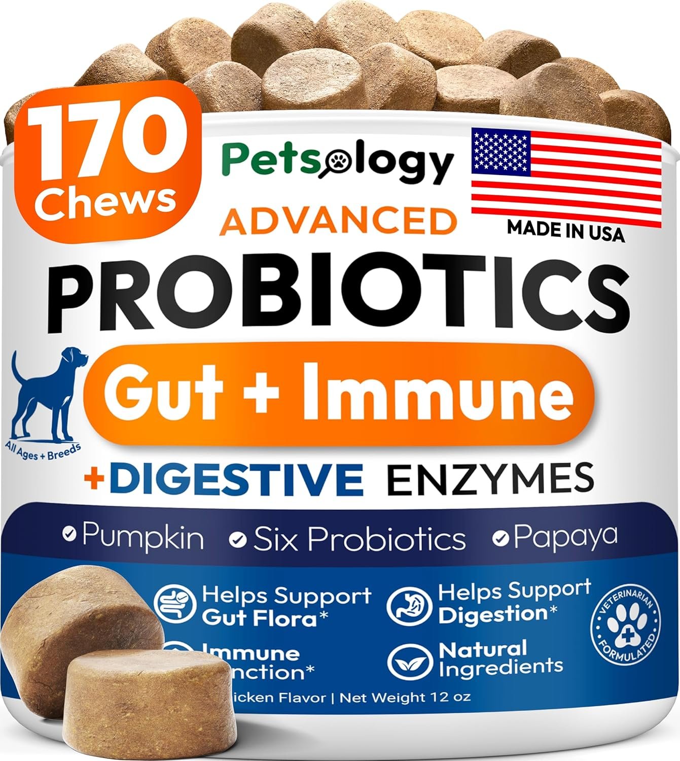 Probiotics for Dogs – 170 Dog Probiotics Chews – Digestive Enzymes & Prebiotics – Support Gut Health, Diarrhea, Gas & Constipation Relief – Itchy Skin, Allergies, Yeast Balance – Advanced Supplement