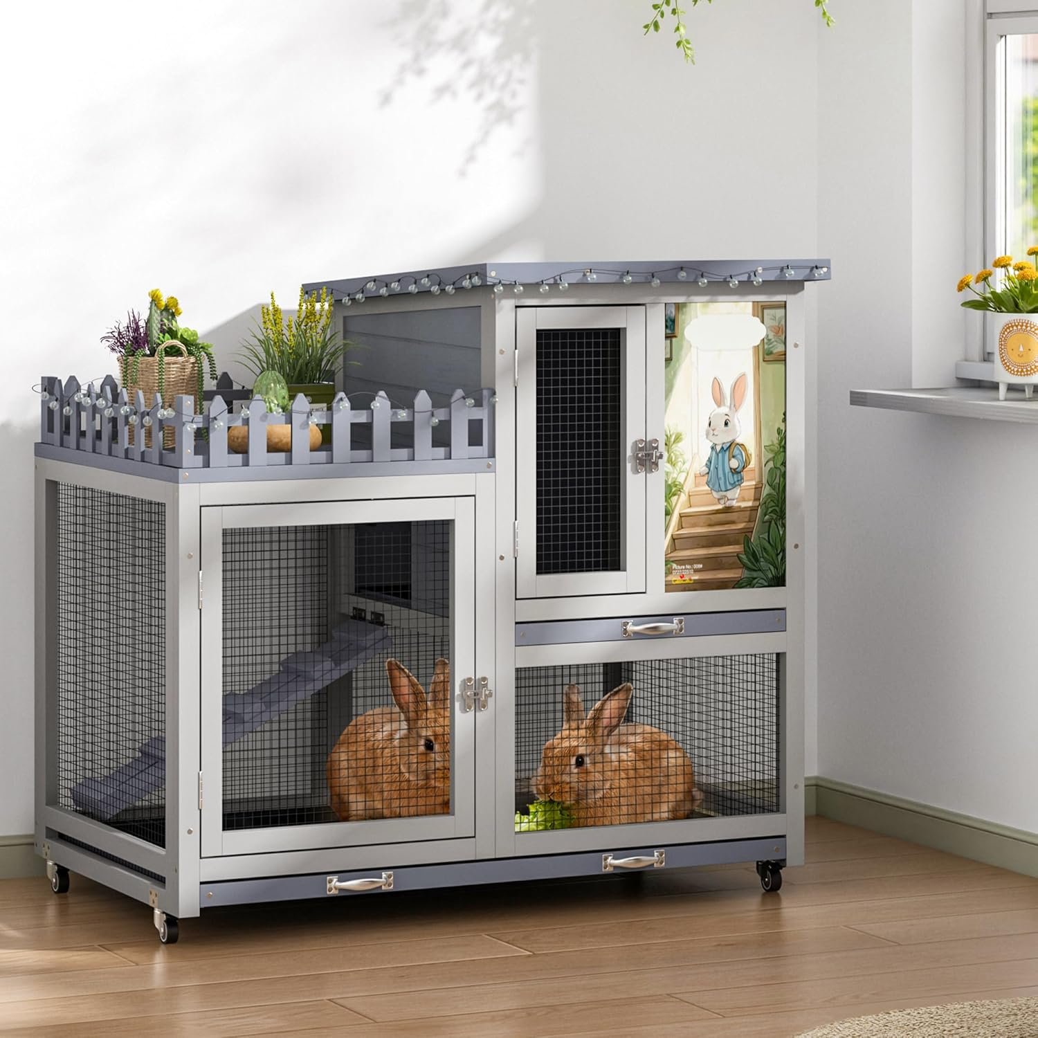 Wood Rabbit Hutch with Balcony – Small Animal House Bunny Cage on Wheels for Indoor Outdoor, Rabbit Cage Included Ramp, Pull Out Tray, (Grey with Pattern)