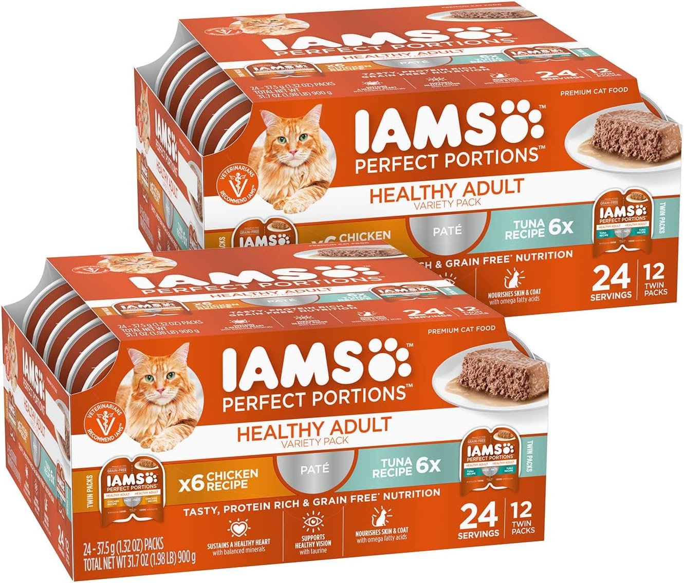 IAMS Perfect Portions Sensitive Digestion & Skin Wet Cat Food Pate, Healthy Adult Grain Free Pate, Chicken and Tuna Recipe, 2.6 oz. (24 Twin Packs)