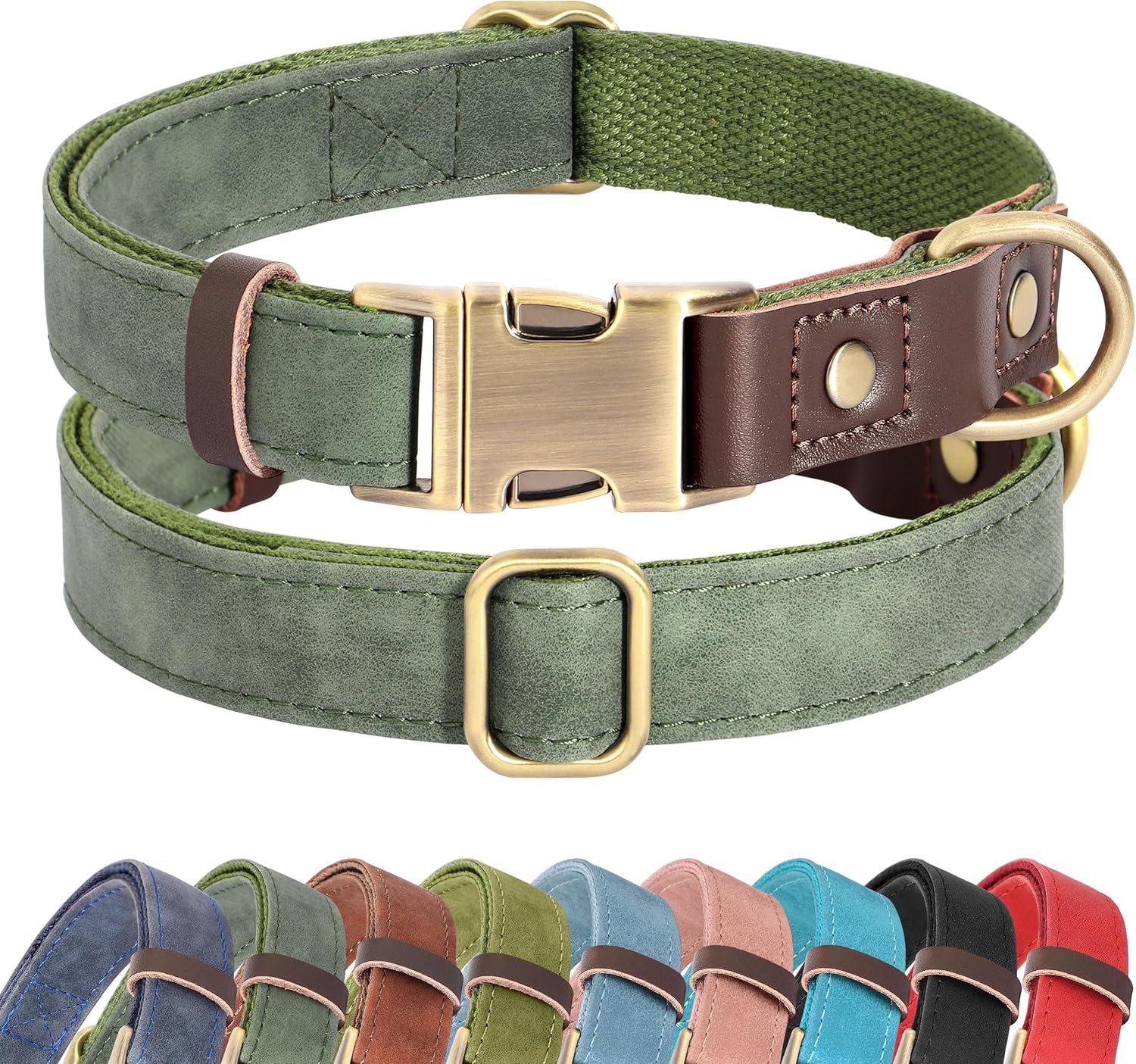 Didog Soft PU Leather Dog Collars for Small Dogs,Classic Adjustable Dog Collars with Quick Release Metal Buckle,Easy Clean and Comfortable with Nylon Lining,Green,S Neck 11-15″
