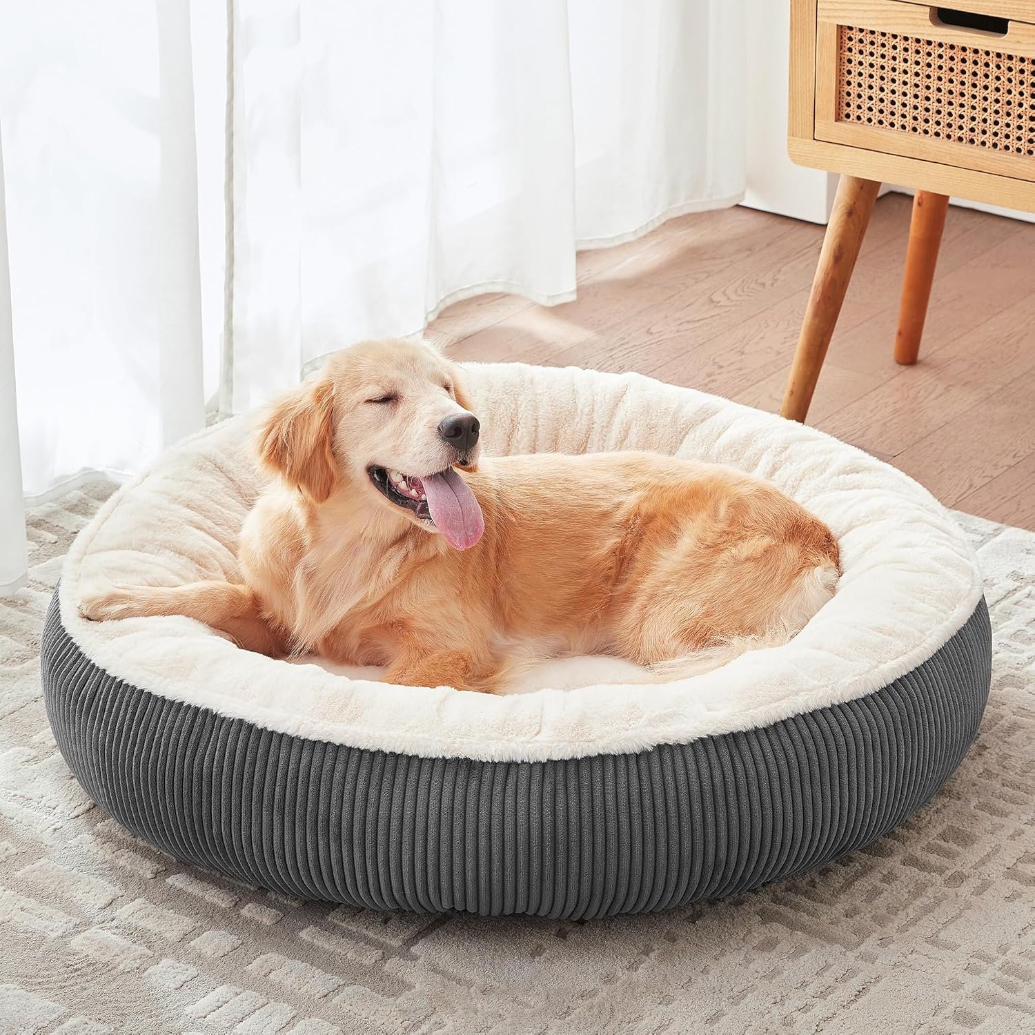 36 inches Donut Dog Bed for Large Dogs – Calming Round Pet Bed with Removable&Washable Cover, Plush Faux Fur & Corduroy, Fits Pets up to 80 lbs(Dark Grey, Large)