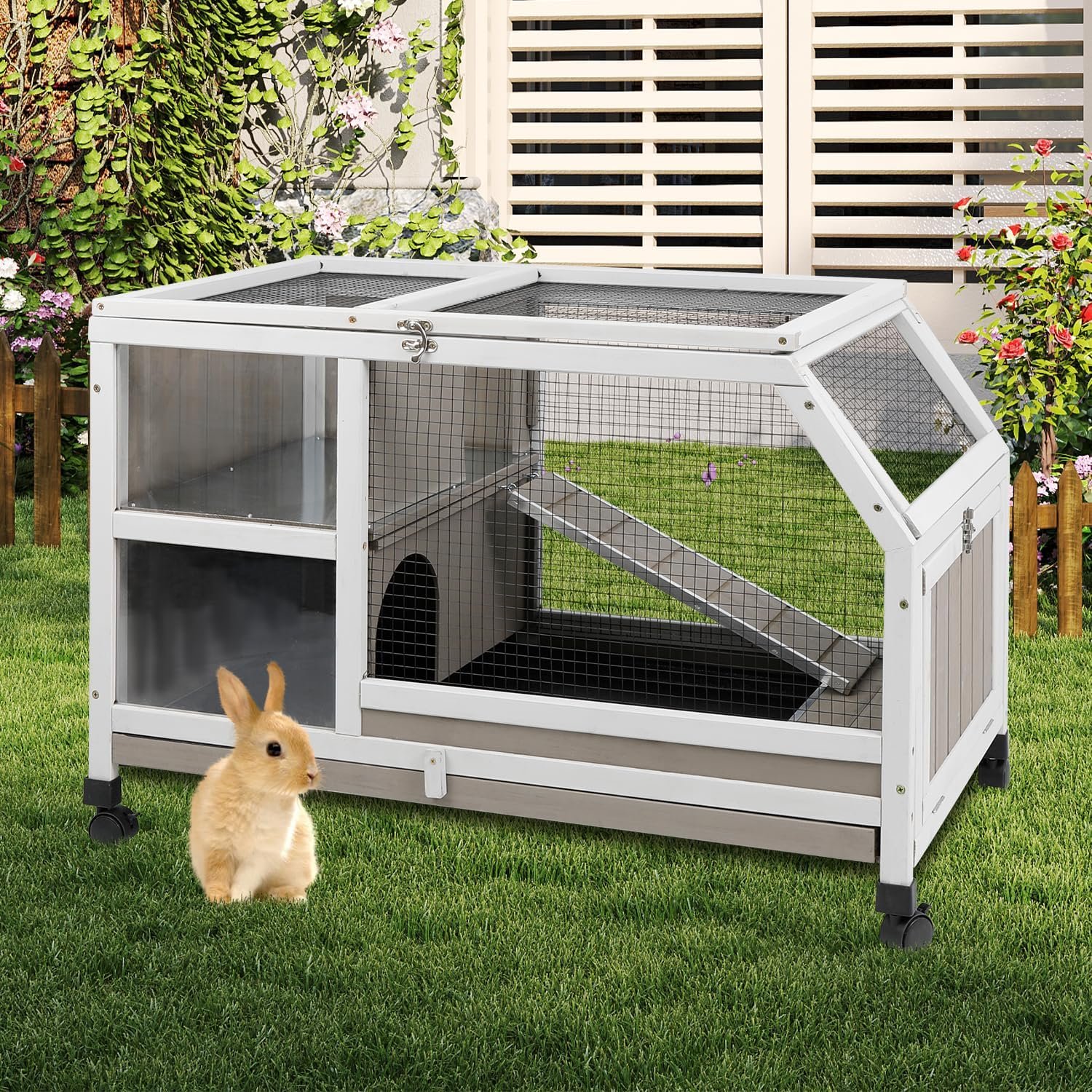 36”L Rabbit Hutch Outdoor with Casters and Run, Wooden Indoor 2 Story Guinea Pig Cage with Divider Panel, Pull Out Tray, Rabbit Duck Bunny House for Small to Medium Animals and Pet Lover, Gray