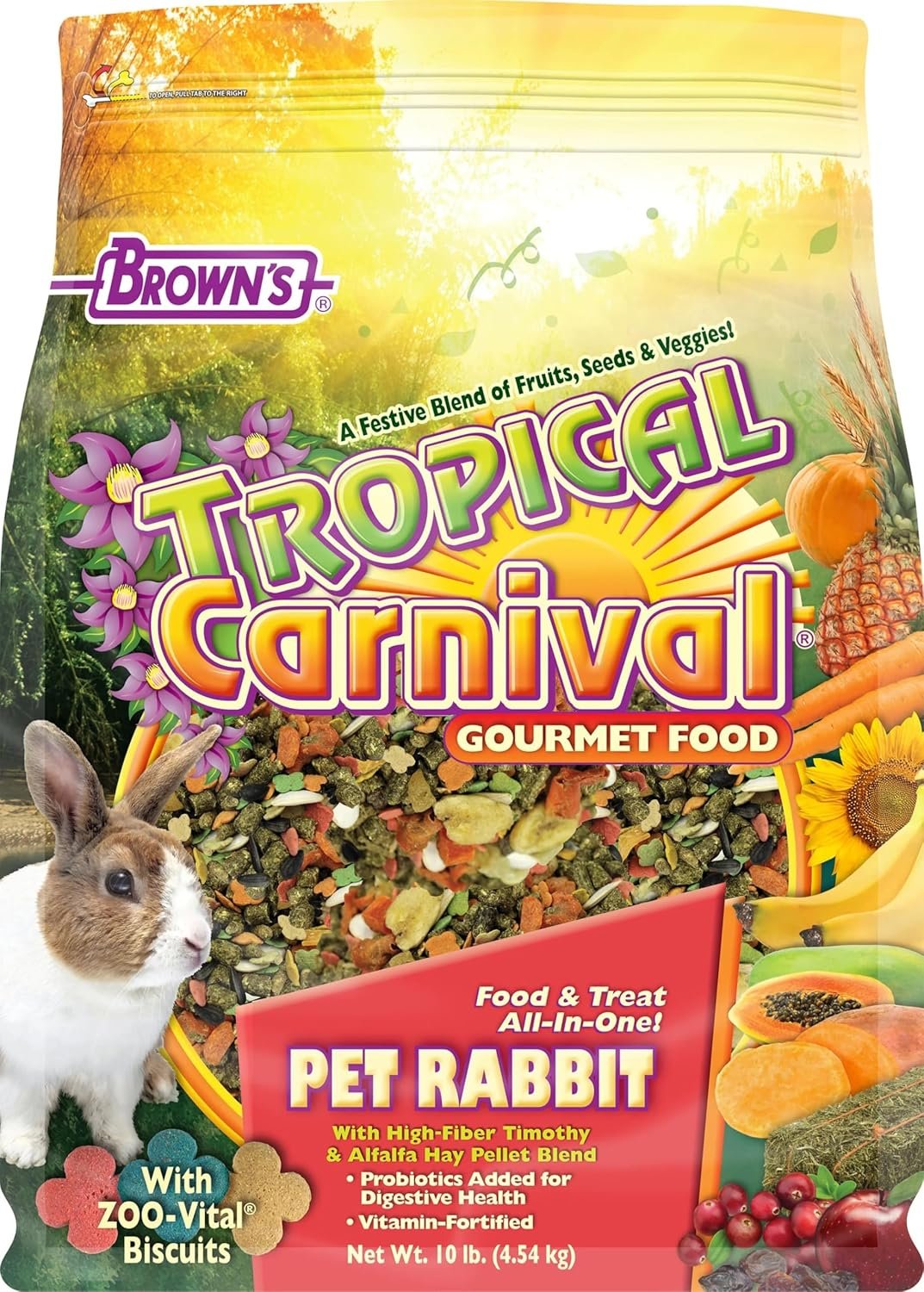 F.M. Brown’s Tropical Carnival, Gourmet Pet Rabbit Food with High-Fiber Timothy and Alfalfa Hay Pellets, Probiotics for Digestive Health, Vitamin-Nutrient Fortified Daily Diet, 10 lb.