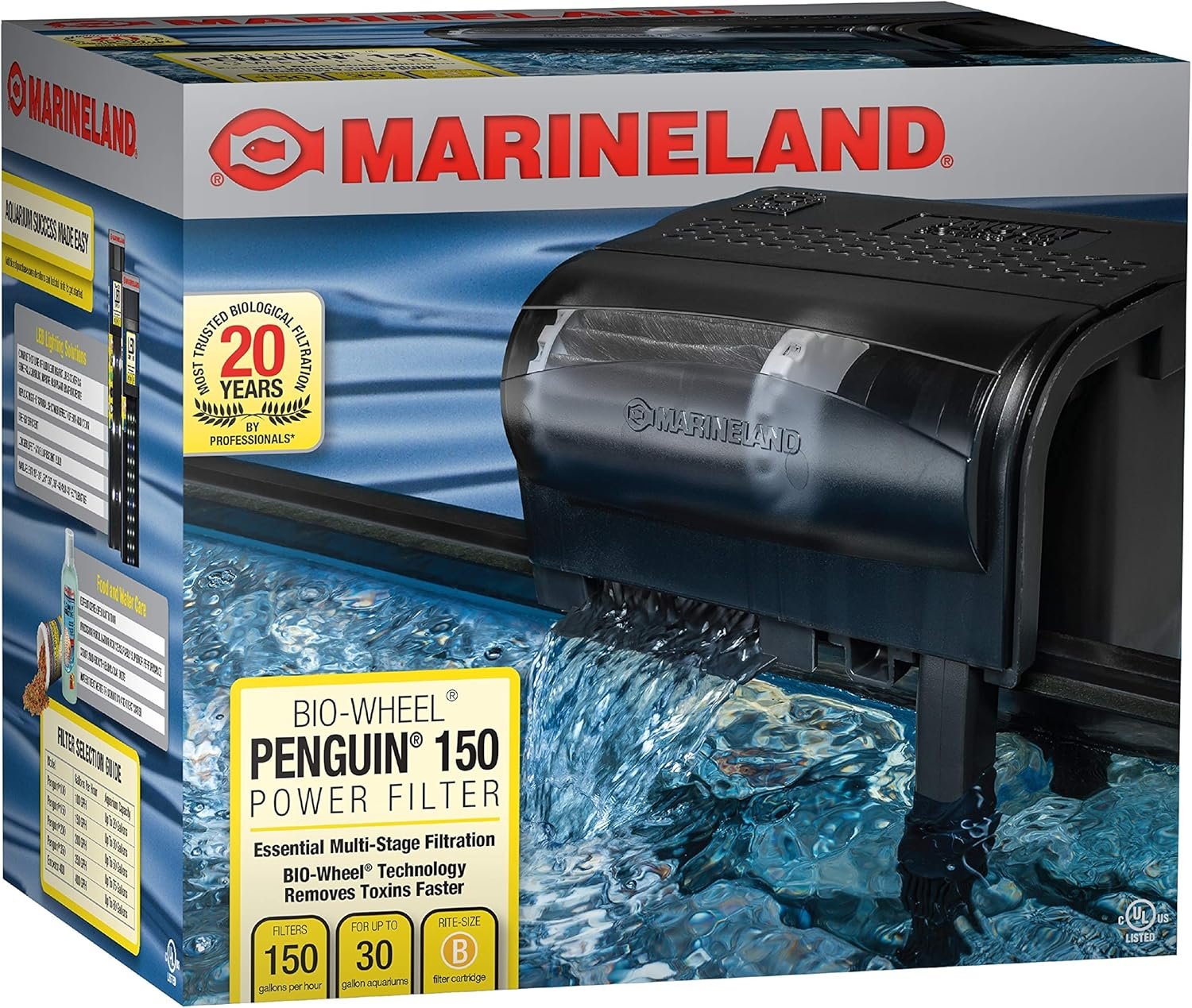 Marineland Penguin Bio-Wheel Power Filter 150 GPH, Multi-Stage Aquarium Filtration,black, 20 – 30 Gallon Aquarium, 150 GPH
