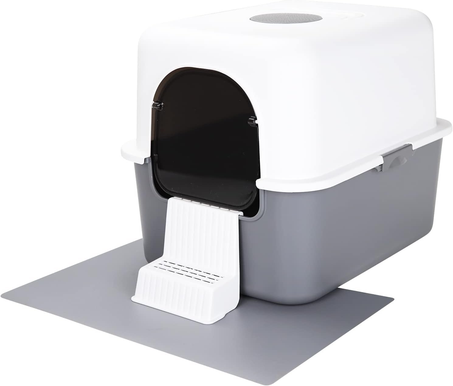 Sfozstra Grey Enclosed Cat Litter Box with Lid – Includes Sand Pedal & Carry Handle, Lift-Off Buckle Lock for Easy Cleaning, High Sides Anti-Leak, Odor Control with Deodorizer, for Cats Under 8 lbs
