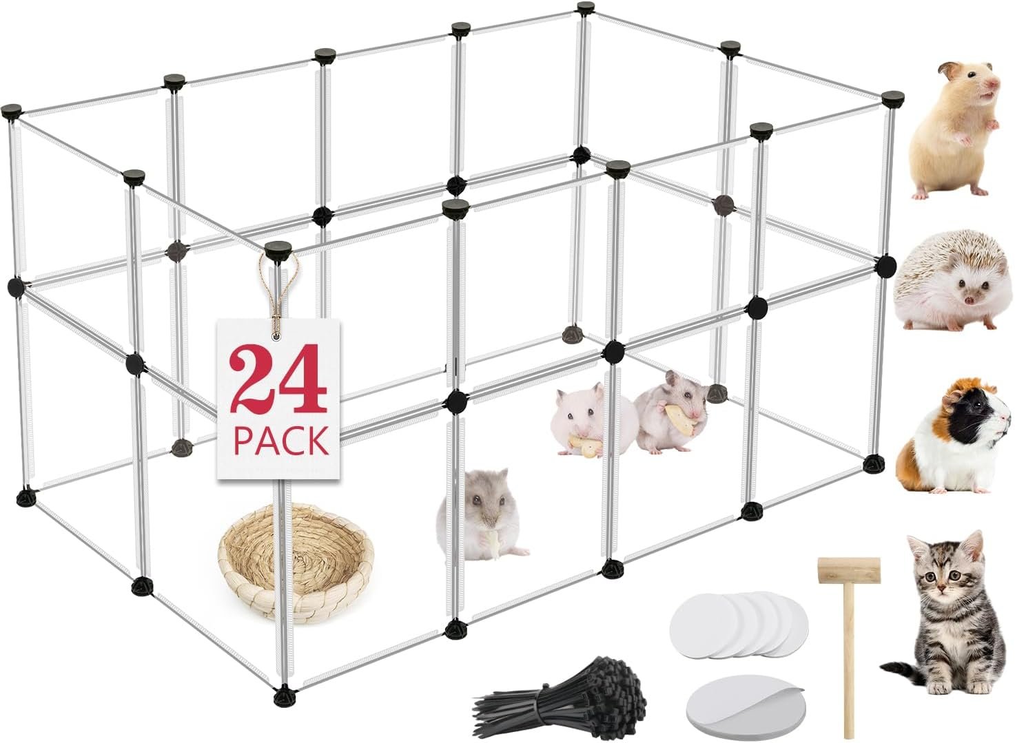 24 Panels Portable Small Animals Playpen,48″x 24″x 28″ Transparent Pet Playpen,Portable Plastic Enclosure,Puppy Play Pen for Indoors Outdoor Pet Fence for Guinea Pigs,Bunny,Ferrets,Hamsters,Hedgehogs