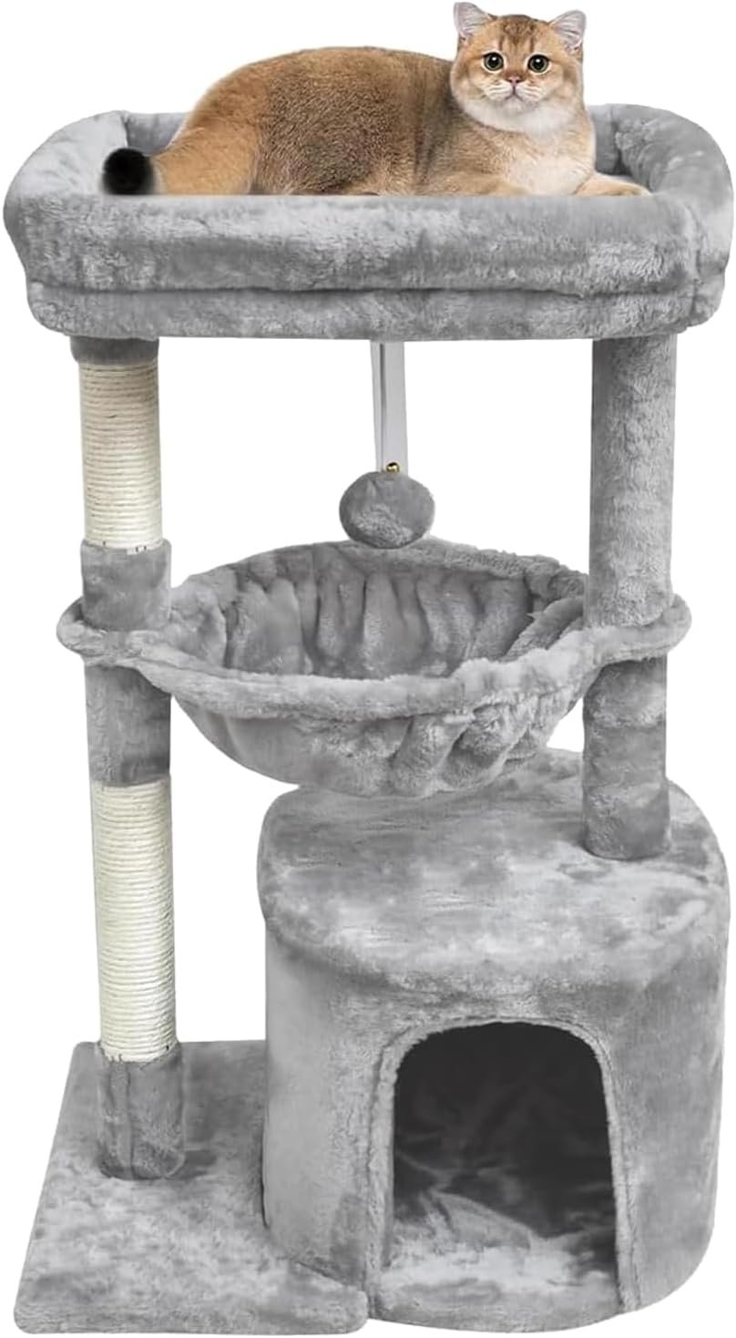 SYANDLVY Small Cat Tree for Indoor Cats, Activity Cat Tower with Scratching Post for Kittens, Modern Cat Furniture with Basket & Hanging Ball for Play Rest, Grey