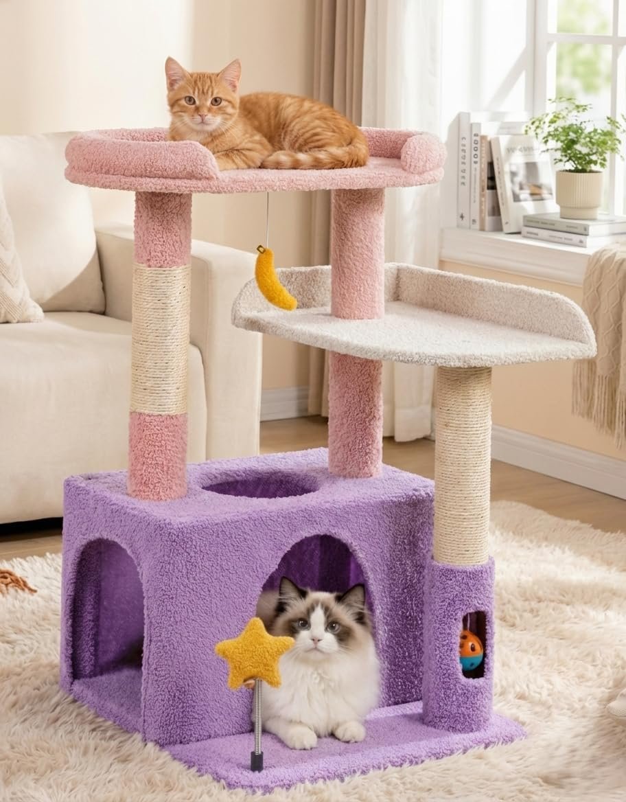 31″ Cute Cat Tower for Indoor Kittens with Cat Condo, Plush Platform, Hammock, Sisal Scratching Posts, Dangling Ball, Tall Cat Tree Tower with Self-Grooming Brush (Moonlit Violet)