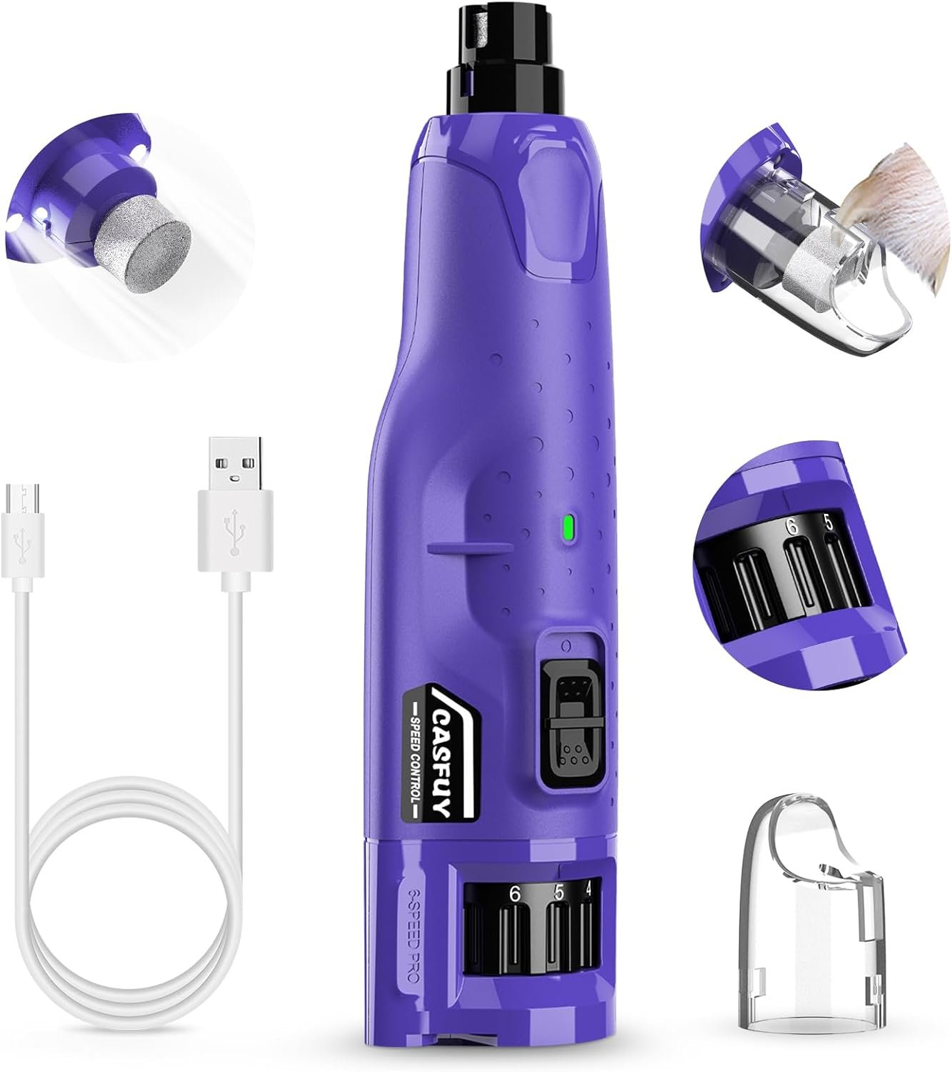 Casfuy Dog Nail Grinder Quiet – (45db) 6-Speed Pet Nail Grinder with 2 LED Lights for Large Medium Small Puppy Dogs/Cats, Professional 3 Ports Rechargeable Electric Dog Nail Trimmer with Dust Cap