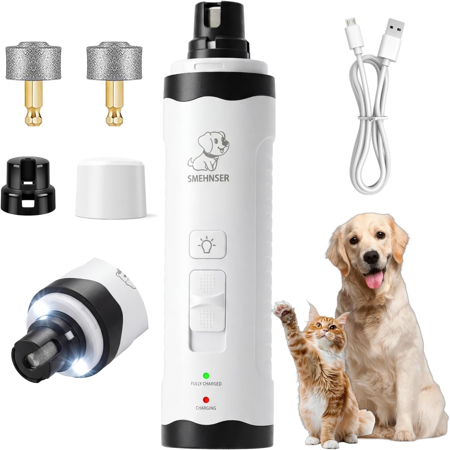 LED Pet Nail Grinder for Dogs and Cats, Rechargeable Electric Trimmer with 2 Grinding Wheels, Low Noise, White