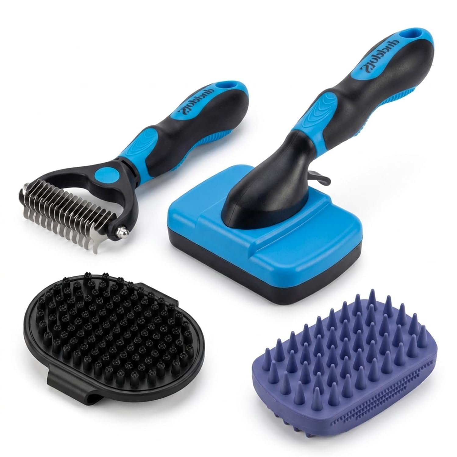PETIMP STORE 4PCS Self Cleaning Slicker Brush, Pet Grooming Rake, Bath Brush & Massage Brush for Short/Long Haired Dogs, Cats & Horses, Pet Grooming Deshedding Tools – Pet Supplies (Blue Black)