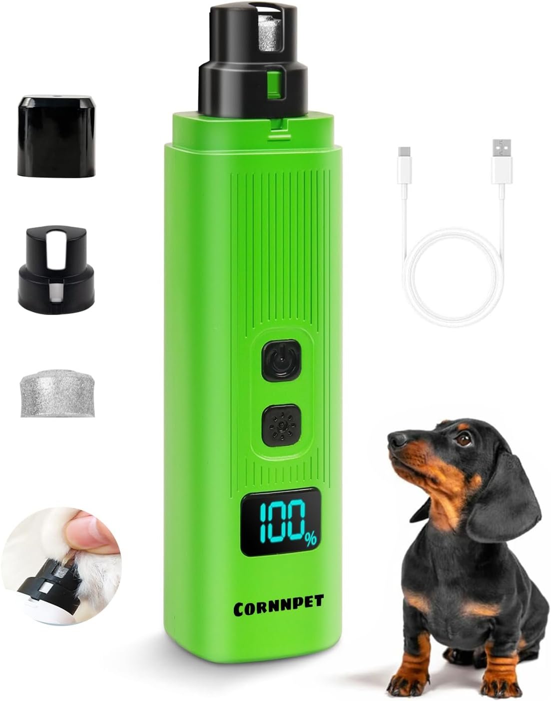 Electric Dog Nail Grinder with 2 Level LED Lights, 2 Speed Super Quiet and Low Vibration Electric Cat Nail Grinder – Rechargeable Pet Nail Grinder for Small Dogs Cats – Green
