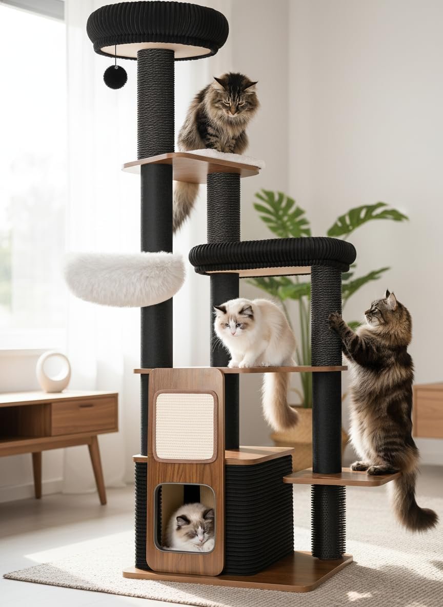 63″ Modern Cat Tree Tower for Indoor Cats, Heavy Duty Cat Trees for Large Cat, Adult Maine Coon Cat Tree Tower with Scratching Post, Extra Large Top Perch, Cat Condos