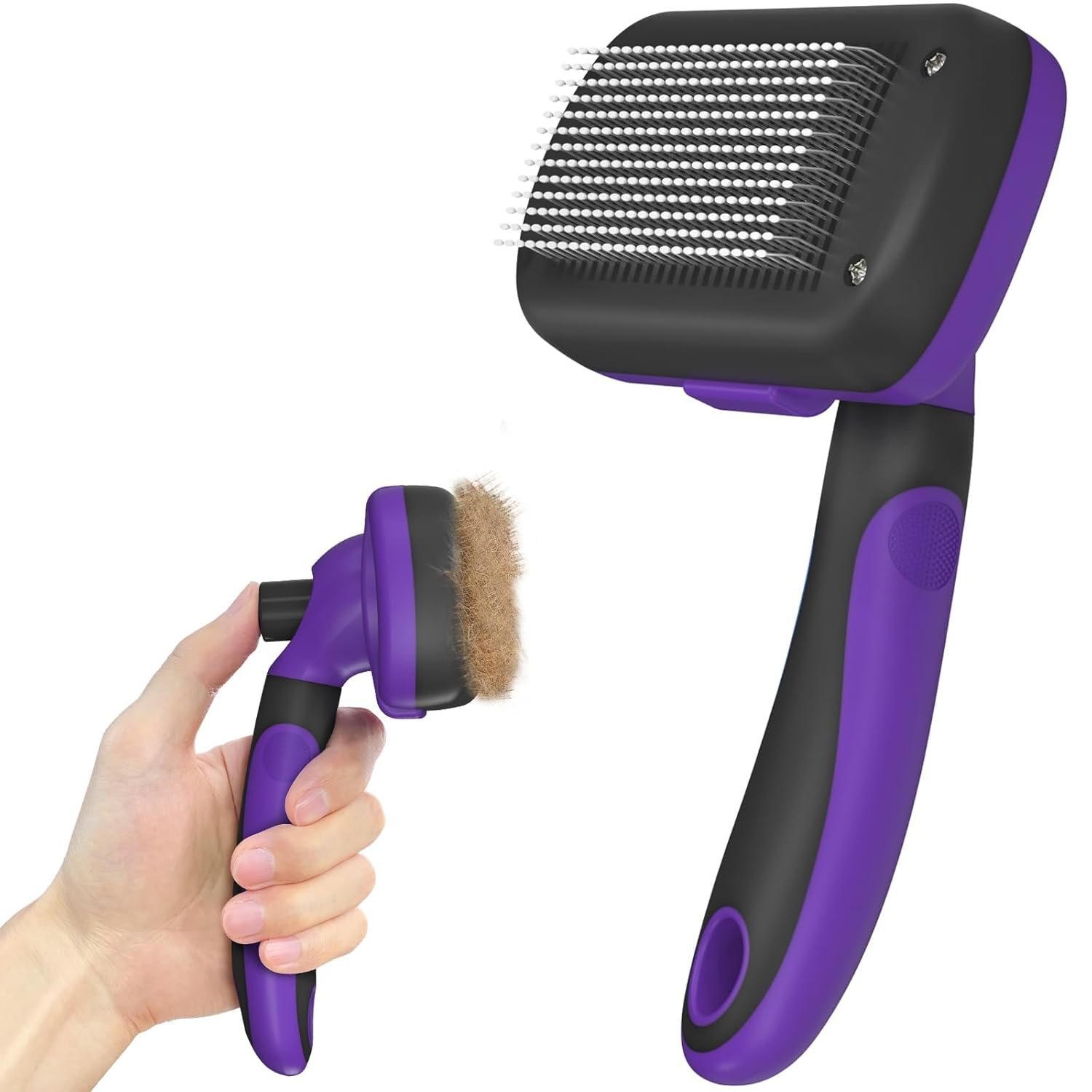 Dipoo Self Cleaning Cat & Dog Grooming Brush – Skin Friendly Deshedding Hair Brush for Haired Dogs & Puppies, Purple