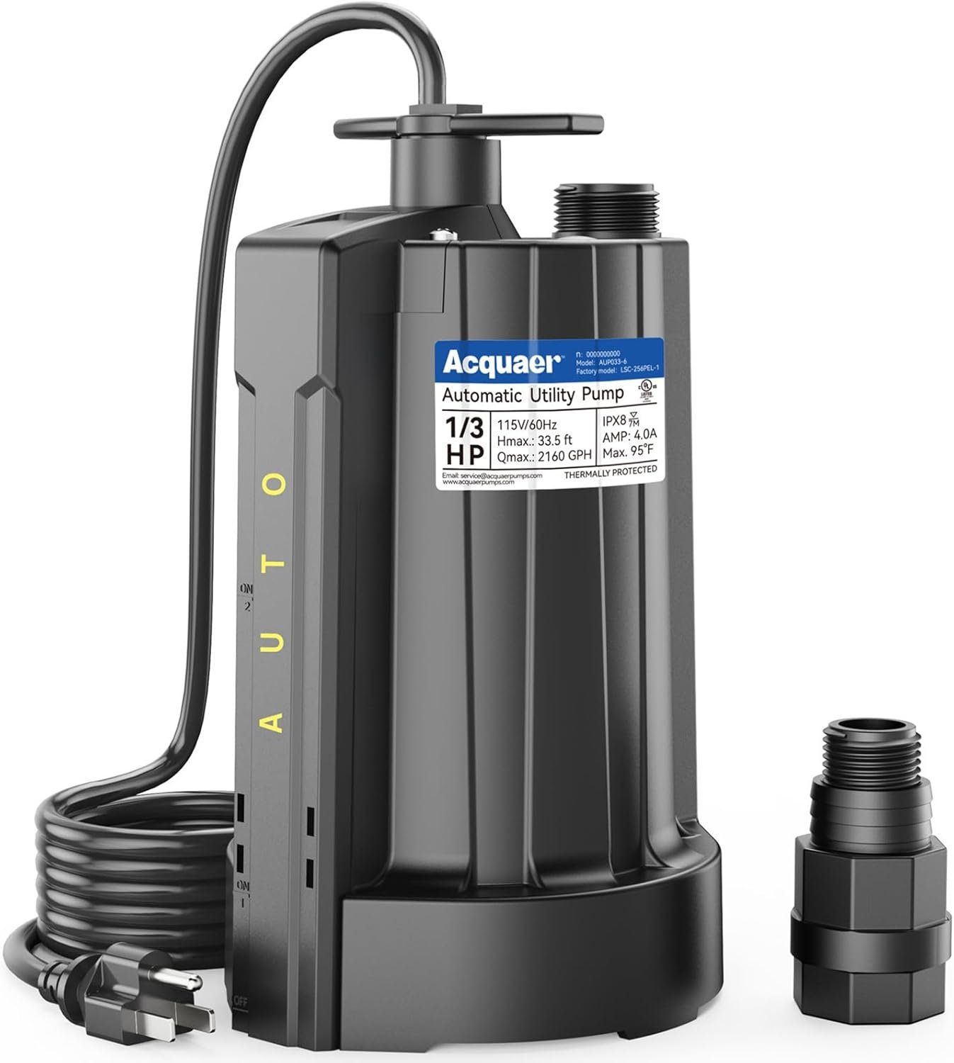 Acquaer 1/3 HP Automatic Submersible Water Pump, 115V Sump Pump with 3/4” Garden Hose Adapter, 2160 GPH High Flow Water Removal for Swimming Pool Cover Hot Tubs Flooded House Basement, Black