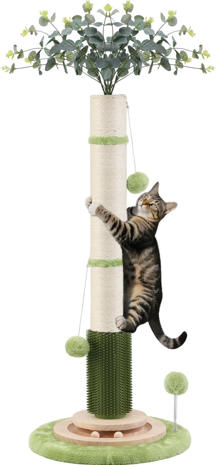 45” Extra Tall Cat Scratching Post for Large Cats,3.5Inch Natural Sisal Scratcher with Solid Wood Base,Stable Cat Scratch Post with Interactive Toy,Self Groomer,Climbing Pole for Full Body Stretching