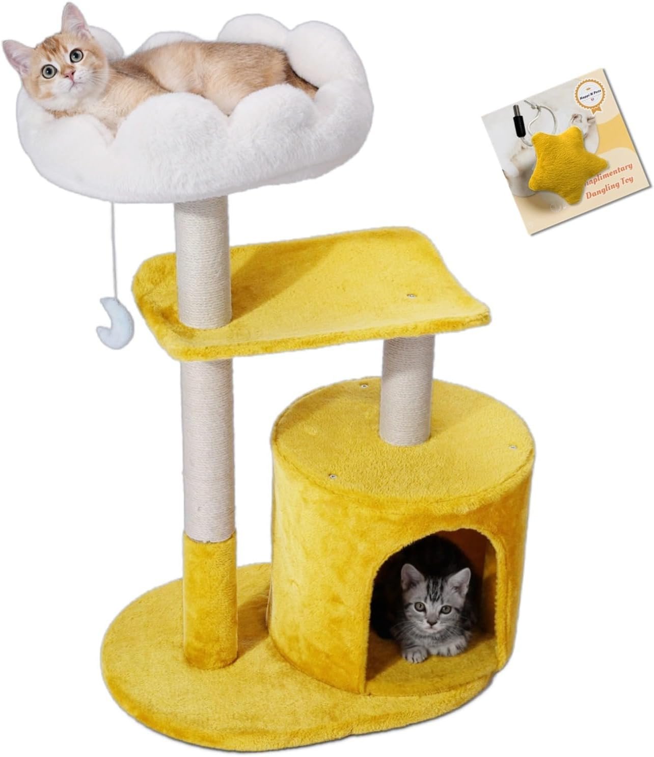Happi N Pets Cat Tree, 33″ Multi-Level Cloud Cat Tree Tower with Cozy Padded Bed & Large Condo for All Sized Cats, Featuring Scratching Posts, Viewing Perch & Toys, Stable Small Cat Tower