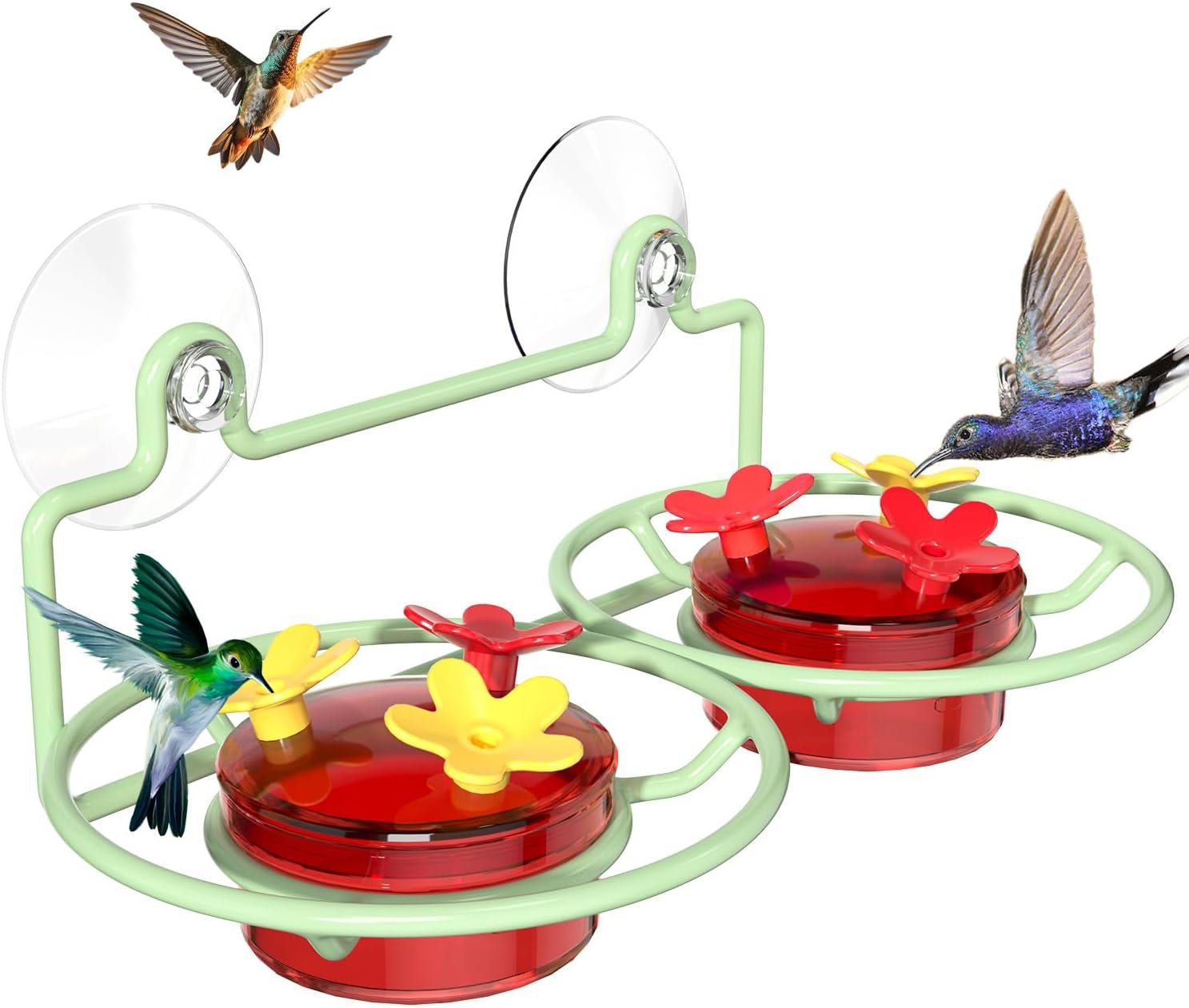 Dreamdrawer Window Hummingbird Feeder, Small Hummingbird Feeder for Outdoors with Strong Suction Cup – Metal Base & 6 Feeding Ports, Easy to Clean and Refill
