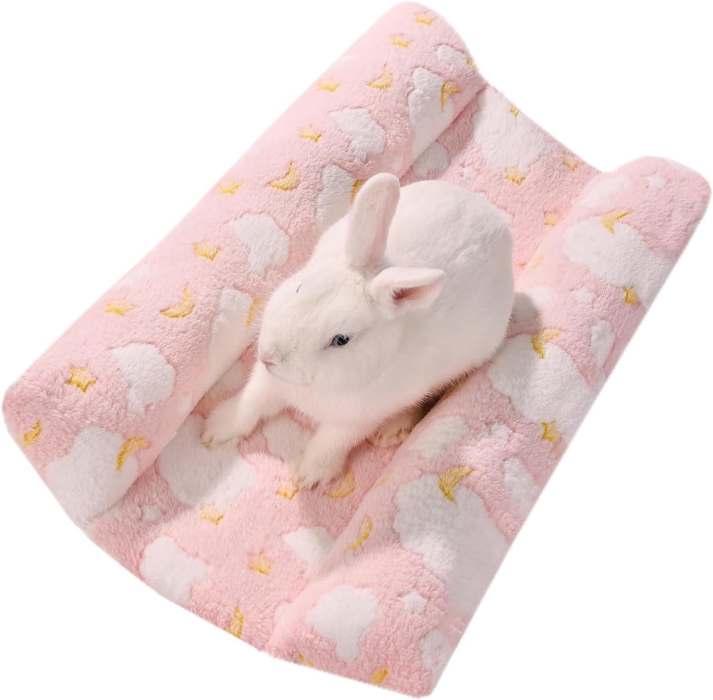 24×16 in Rabbit Bed Large Size – Warm & Comfortable Plush Rabbit Mat Pad with Star Pattern, Double-Sided Flannel Pet Pad Cozy Fleece Bedding for Bunnies, Guinea Pigs, Small Animals, Pink