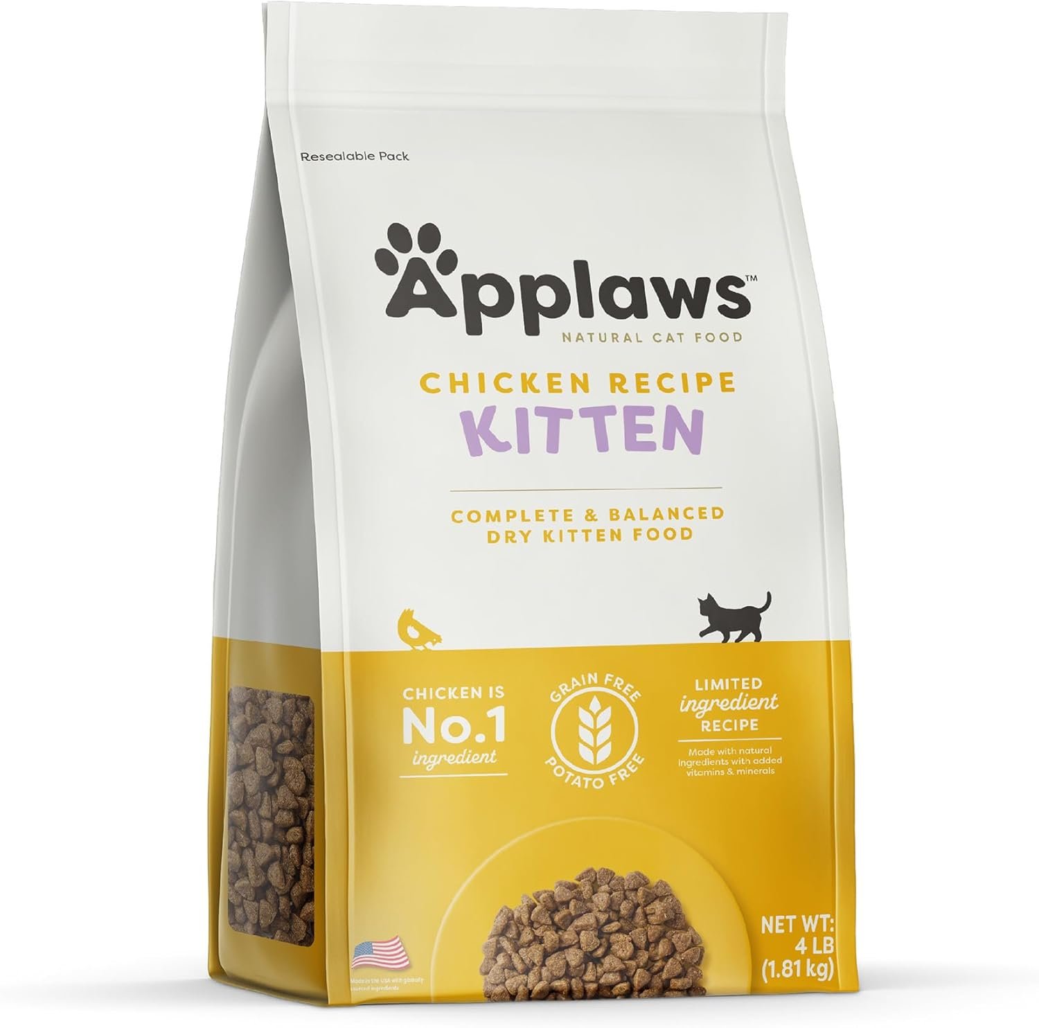 Applaws Complete Dry Kitten Food, Grain-Free, Limited and Natural Ingredients, Added Vitamins & Minerals, High Protein, Supports Digestion, Chicken Recipe (4 Pound Bag)