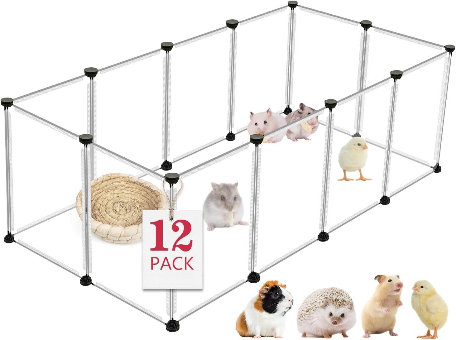 VISCOO 12 Panels Transparent Small Animals Playpen,48″ x 24″ x 16″ Portable Pet Playpen,Plastic Enclosure,Puppy Play Pen for Indoors Outdoor Pet Fence for Guinea Pigs,Bunny,Ferrets,Hamsters,Hedgehogs