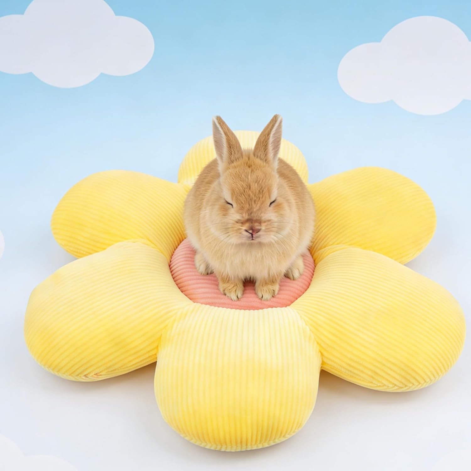 Rabbit Bed Mat, 14.9″X14.9″ Soft Flower Shaped Bunny Bed, Washable Daisy Bunny Mat Double-Sided Reversible Plush Mat for Rabbit, Bunny, Cats, Dogs Yellow