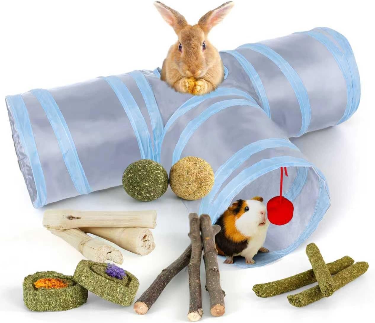 Bunny Tunnels & Tubes Collapsible 3 Way Rabbit Hideout with 13pcs Toys for Bunny Guinea Pig Hamster Chinchilla Hedgehog Rat Ferret Kitten (GY&BU)