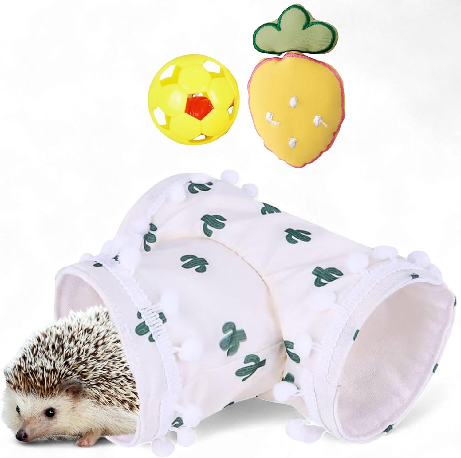 Hedgehog Hideout Tunnels with Bell Ball Toy, Hedgehog Tunnels with 2pcs Toys For Hedgehogs, Small Animal Tunnel Tubes Toy For Hamster Guinea Pig Chinchilla Rabbit, Hedgehogs Accessories (White Tunnel)
