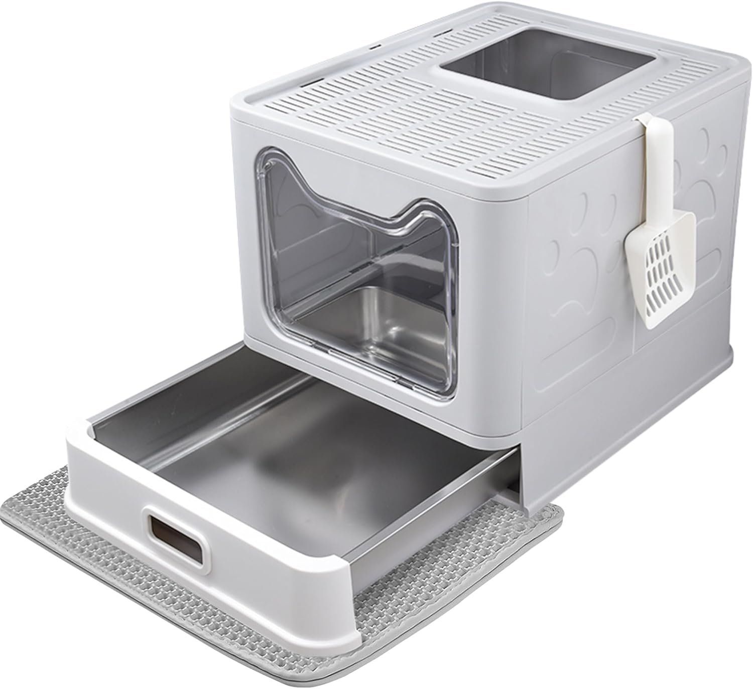 Enclosed Cat Litter Box with Lid Top Exit Covered Metal Stainless Steel Litter Box Leak Proof & Odorless Easy to Clean Including Cat Litter Scoop and Litter Mat