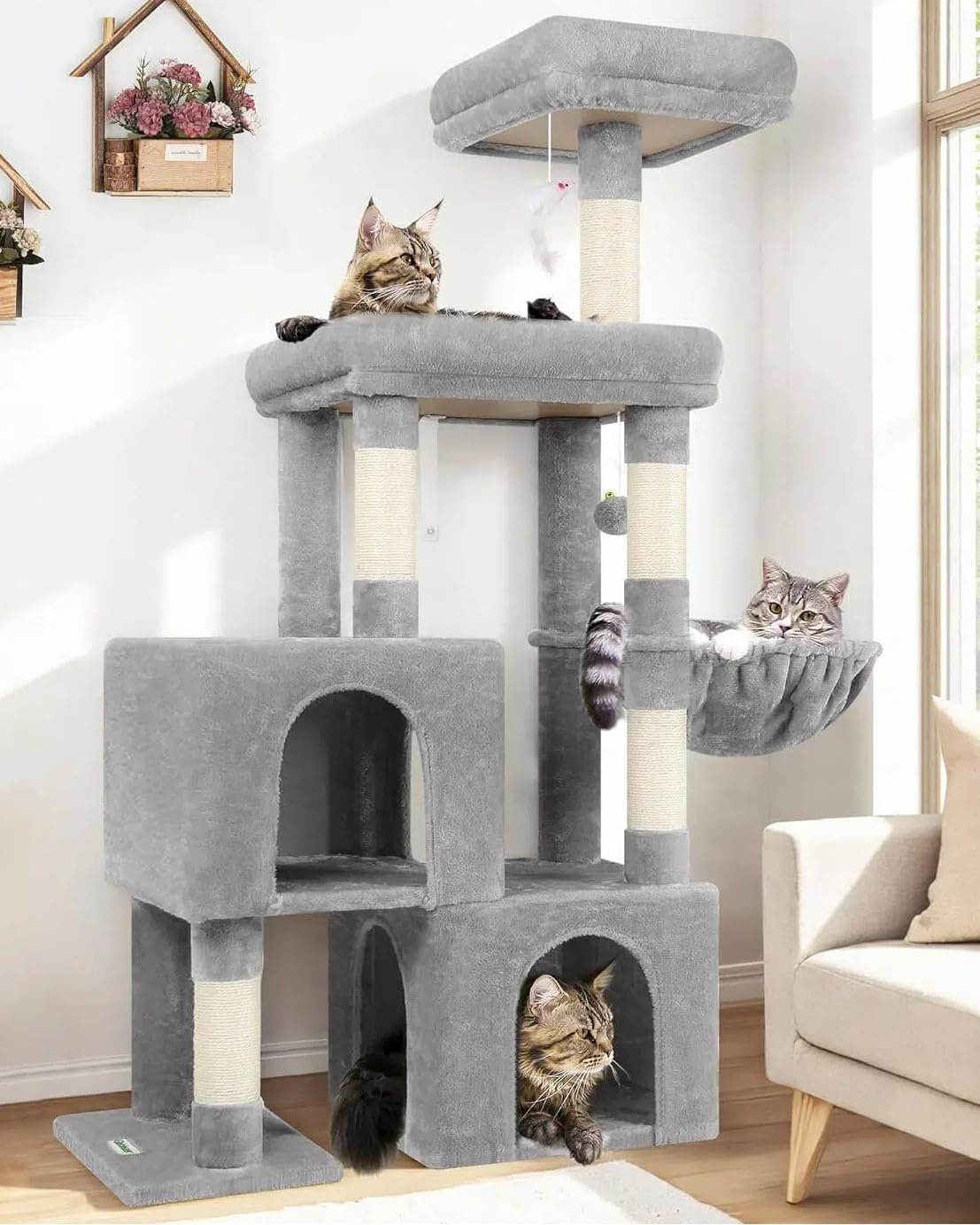 Globlazer Cat Tree Tower with 2 Cat Condos for Multiple Indoor Cats, 52in Multi-Level Plush Cat Condo Tower with 5 Sisal Scratching Posts, 2 Padded Perches, Big Basket, Widened Base, S52, Light Grey
