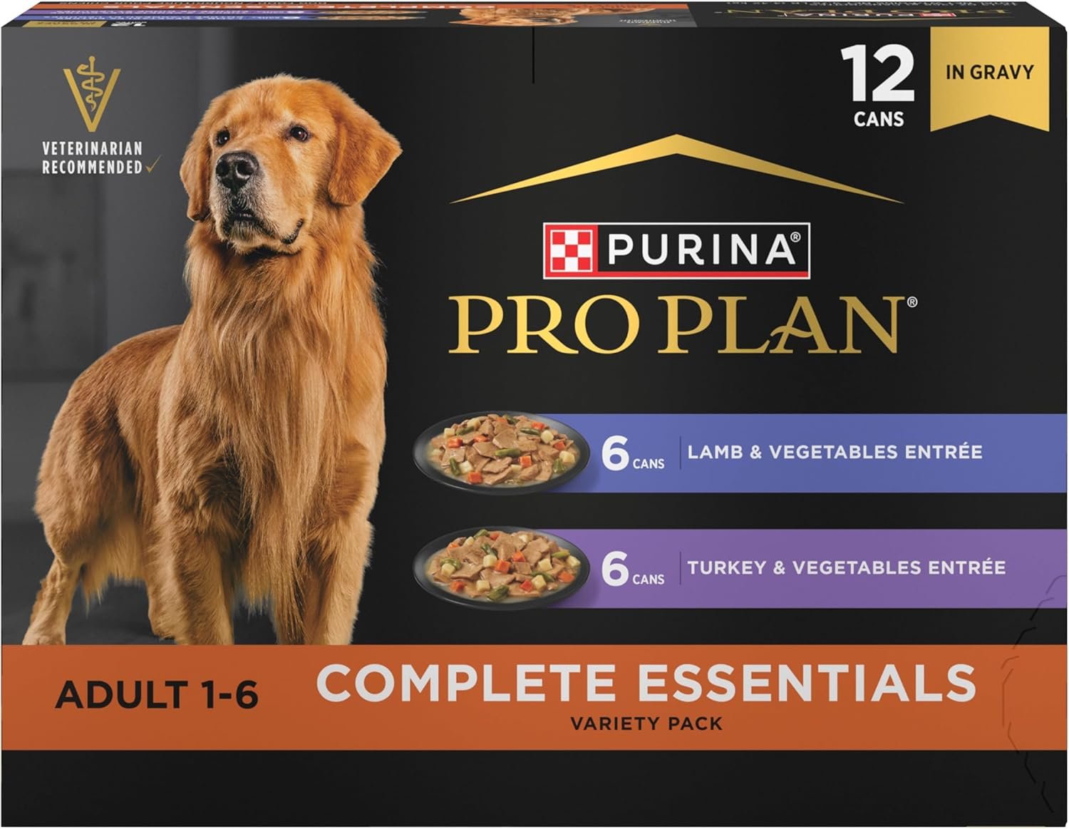 Purina Pro Plan Complete Essentials Wet Dog Food, Lamb and Vegetables and Turkey and Vegetables in Gravy Variety Pack – (Pack of 12) 13 oz. Cans