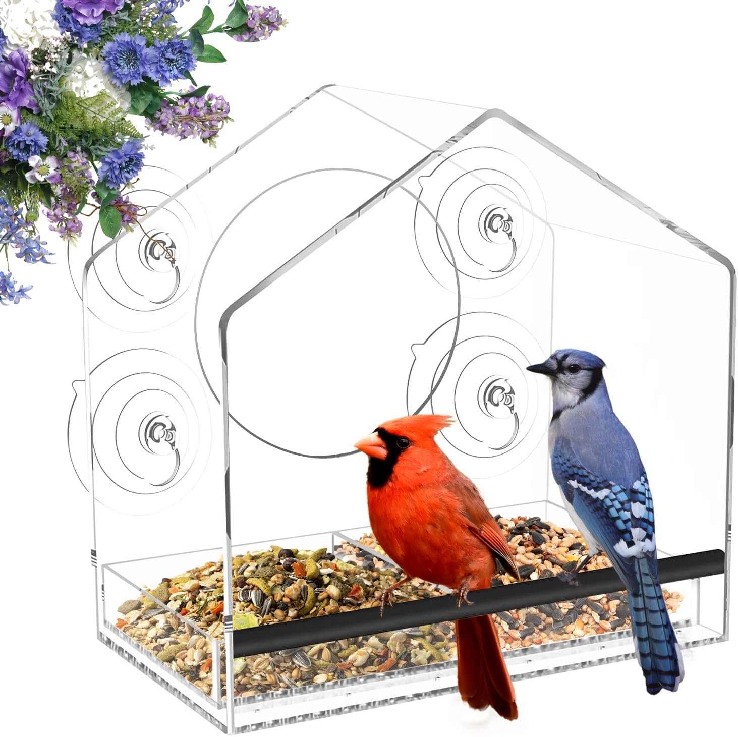Window Bird Feeder with Strong Suction Cups – 4.35′ Extra Deep Removable Tray for Large Capacity, Clear Birdhouse for Outside Viewing, Gift for Cardinals, Finches & Bluebirds