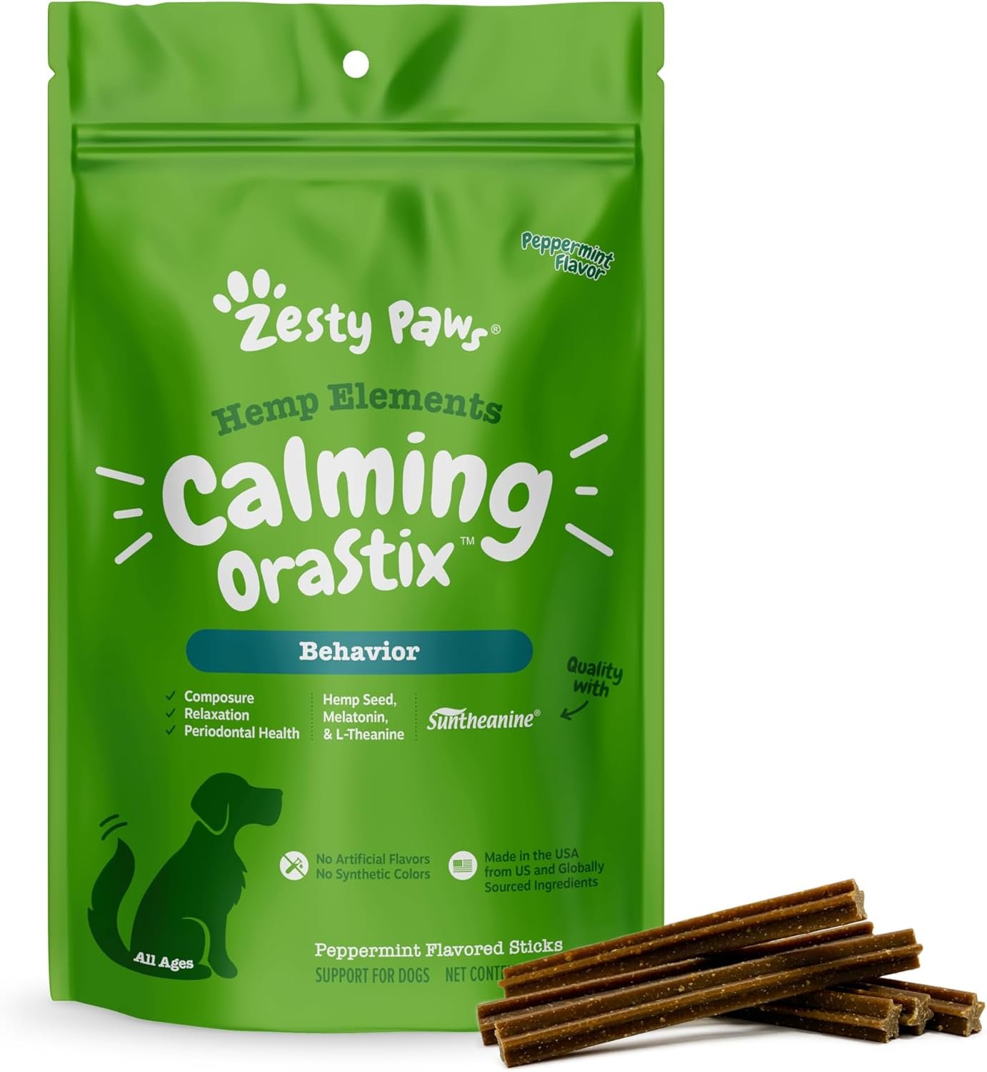 Zesty Paws OraStix for Dogs – Calming Dental Sticks for Stress with Hemp Melatonin Chamomile Dog Healthy Teeth and Gums Calm Composure for Fireworks and Thunderstorms – 12oz