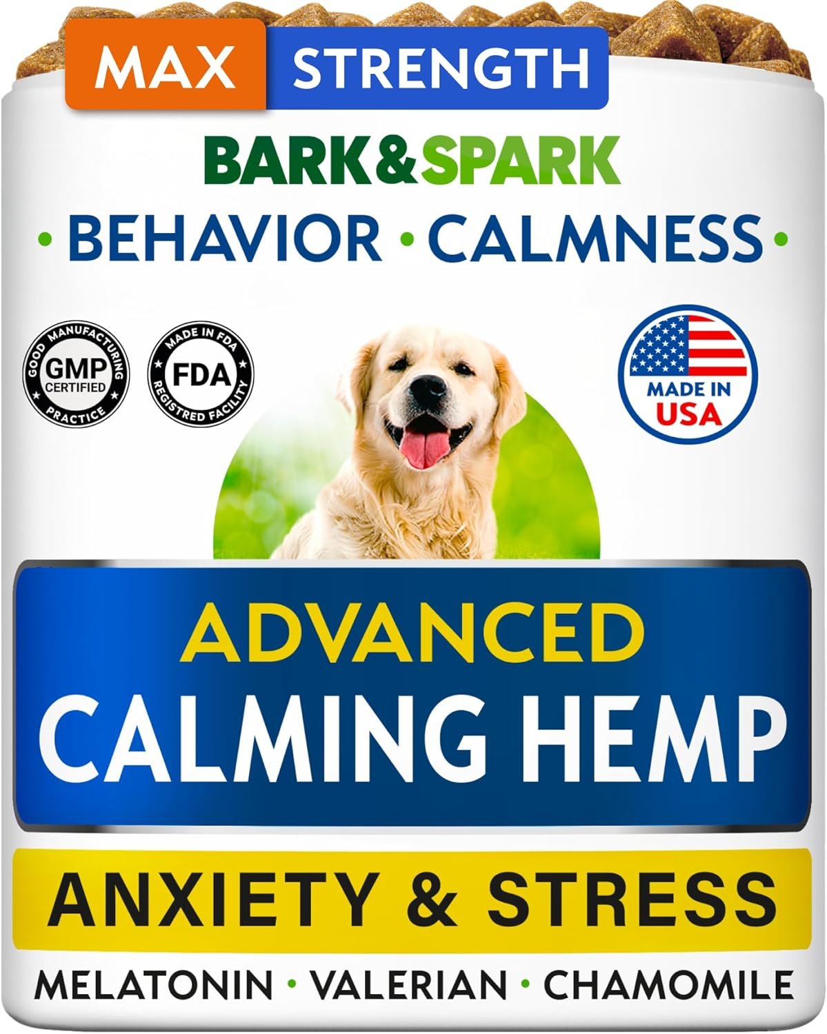 BARK&SPARK Advanced Calming Chews for Dogs – Separation Anxiety Relief for Dogs w/Hemp Oil + Melatonin – Relief During Fireworks, Storms – Aggressive Behavior, Barking, Stress Aid – 90Chews