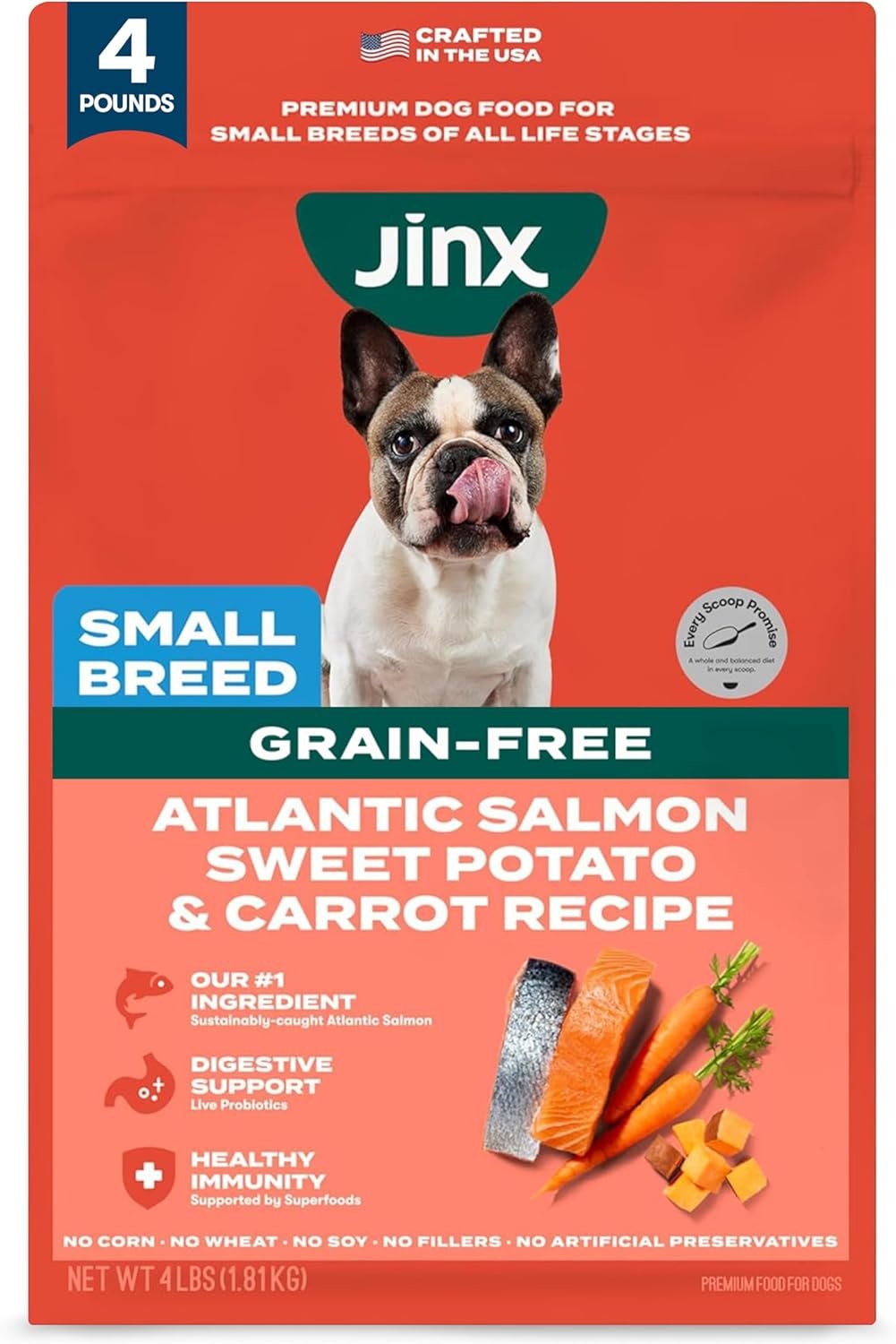 Jinx Premium Dry Dog Food Small Breed – Real Salmon & Sweet Potato Kibble with Superfoods for Immune Support & Probiotics for Digestive Support – No Fillers – 4lb