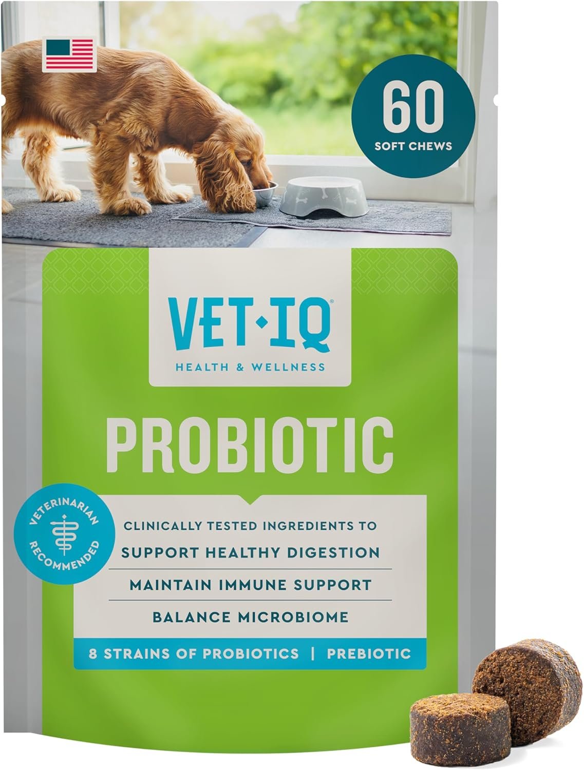 VetIQ Probiotic Supplement for Dogs, Digestive Support for Dogs, Nourishes Gut Bacteria and Supports Bowel Function, Hickory Smoke Flavor, Made in the USA, 60 Count