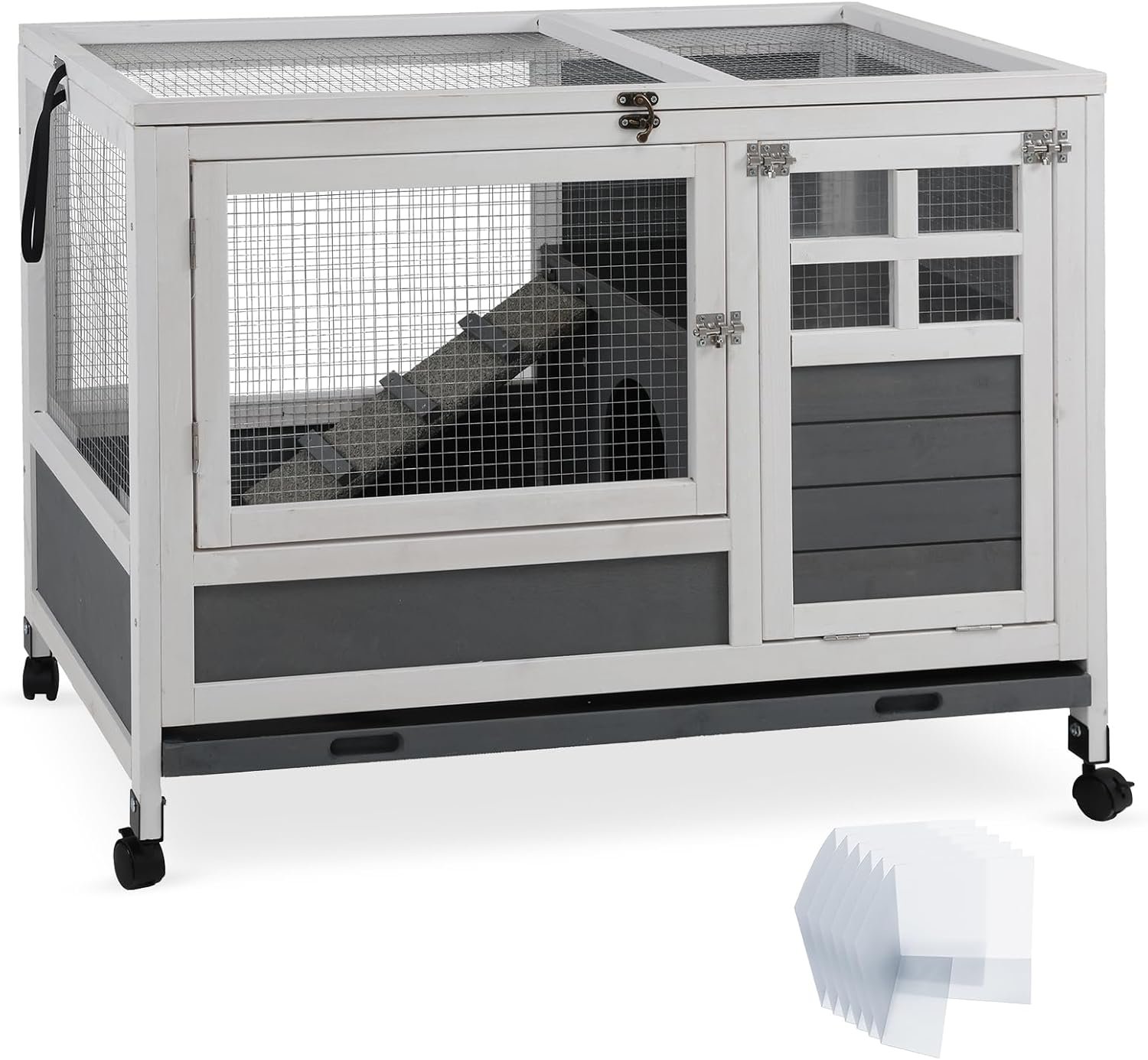 Rabbit Hutch Indoor with Chew-Proof Ramp & Leak-Proof Trays Urine Guards/Netting Floor,Doors.37 Wooden Rabbit Cage with Wheels for Rabbits, Guinea Pigs Small Animal